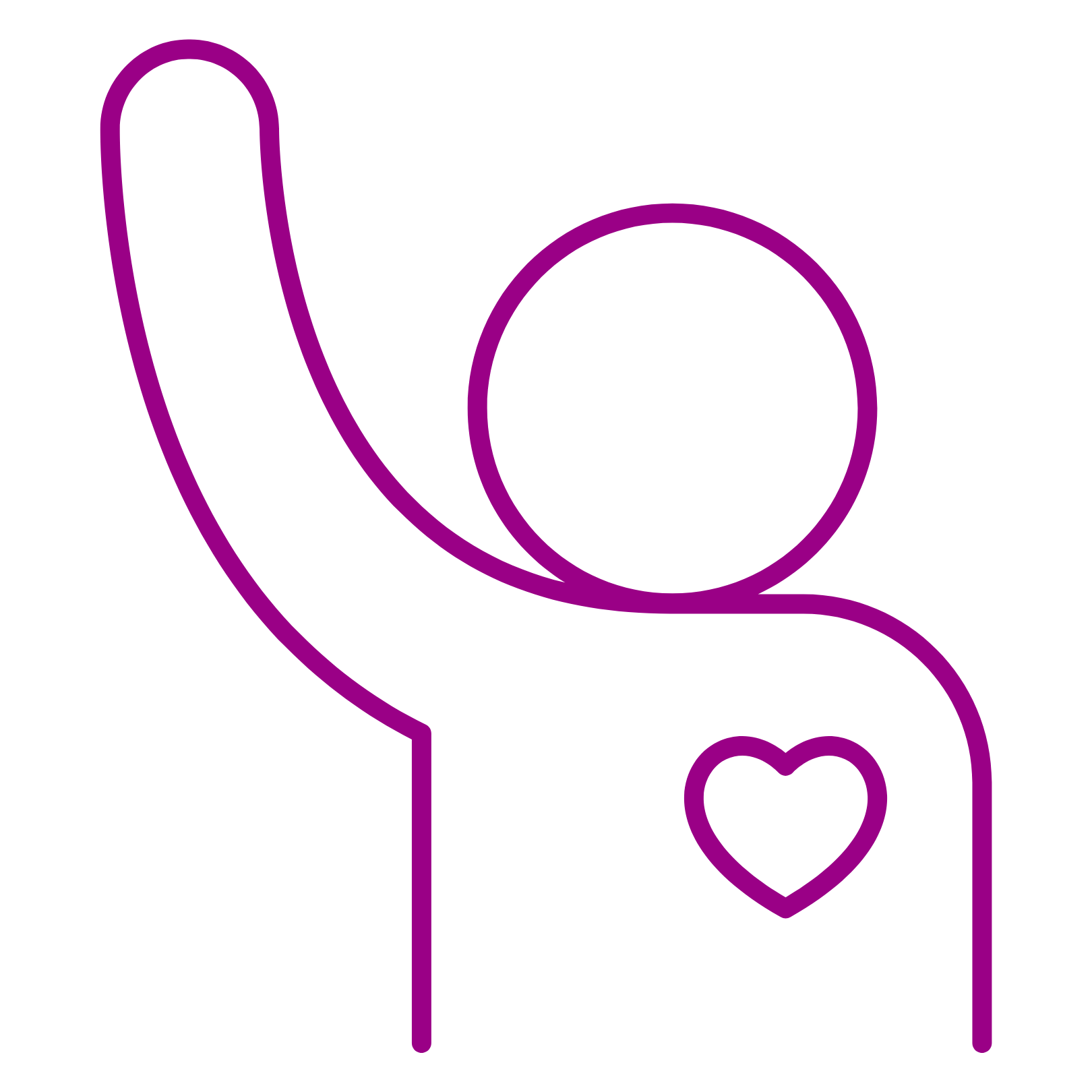 Outline of a person with a heart on their chest, raising one arm in a wave or greeting gesture.