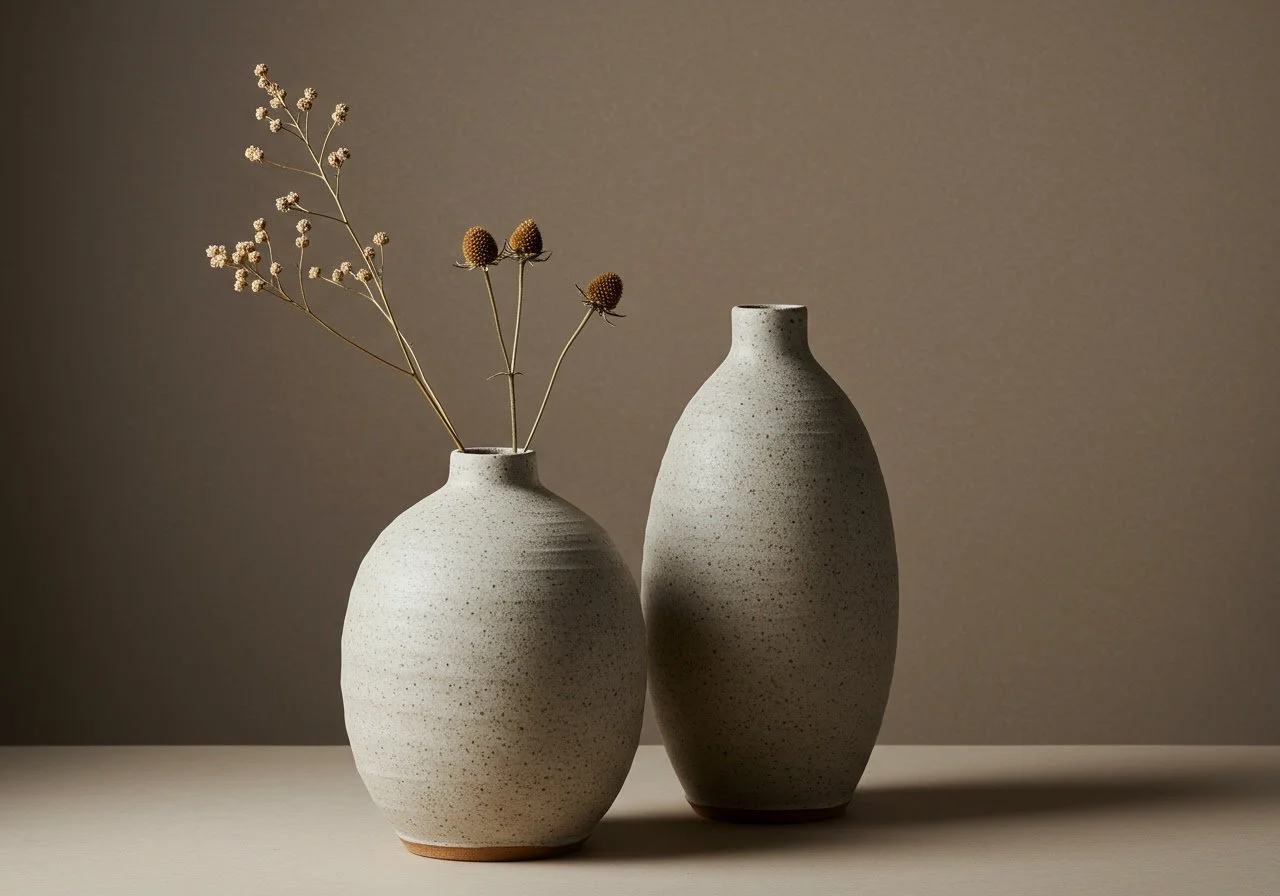 Two minimalist ceramic vases with neutral tones, one with dried flowers, against a beige background.