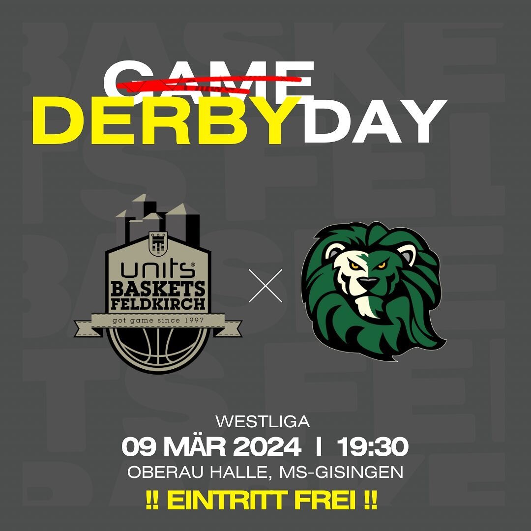 Morgen am 09.03. um 19:30 steht das L&auml;ndle-Derby an!
Unsere Baskets wollen sich gegen die @dornbirn_lions durchsetzten und mit einem Sieg in die finale Periode der Saison starten!
Aufgepasst!! - F&uuml;r die Zuschauer gibt es die M&ouml;glichkei