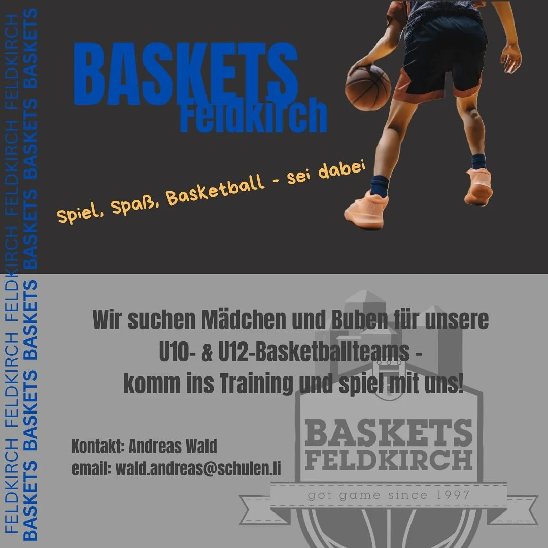 Werde Teil der Feldkirch Baskets!
Wir suchen noch M&auml;dchen und Buben f&uuml;r unsere U10- und U12-Teams (Jahrg&auml;nge 2014 bis 2017).
Du hast Lust auf Bewegung, Teamgeist und jede Menge Spa&szlig;?
Dann bist du bei uns genau richtig!
Training: 