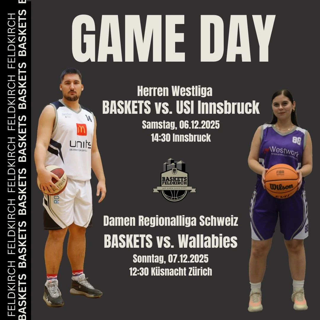 Gameday-Weekend f&uuml;r die Feldkirch Baskets! 

Unsere Damen sind weiterhin ungeschlagen und wollen ihre Serie auch ausw&auml;rts in K&uuml;snacht bei Z&uuml;rich gegen die Wallabies fortsetzen. 
Mit starkem Teamgeist und voller Motivation gehen si