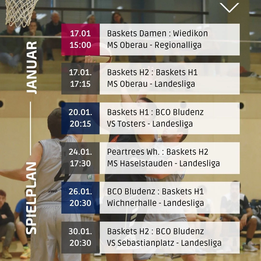 Die Baskets starten ins Jahr 2026!

Der J&auml;nner bringt gleich mehrere Spiele &ndash; sowohl im Erwachsenenbereich als auch im Nachwuchs. Den vollst&auml;ndigen Spielplan mit allen Terminen findet man auf unserer Homepage:
www.baskets.at/spielplan