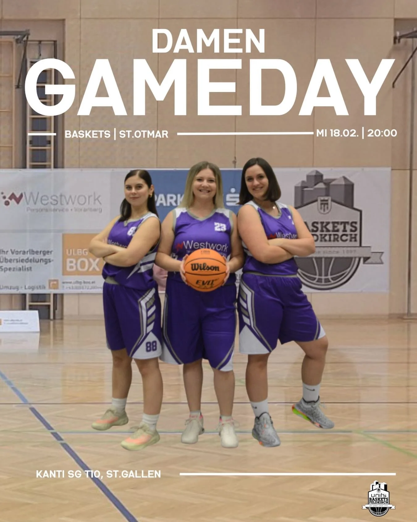 GAMEDAY | DAMEN

Morgen, 18.02 um 20:00 Uhr, steht f&uuml;r unsere Damen das n&auml;chste Spiel in St. Gallen auf dem Programm 🏀
Das Team von Konrad und Netschko geht hochmotiviert in die Partie und m&ouml;chte die bisherige ungeschlagene Serie weit