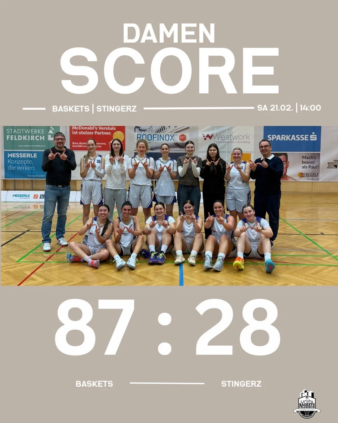 Die Damen &uuml;bernehmen die Tabellenf&uuml;hrung! 👏
7 Spiele &ndash; 7 Siege. Was f&uuml;r eine beeindruckende Bilanz unserer Ladies!

Im heutigen Spiel gegen die Stingerz Z&uuml;rich holen sich unsere Damen einen &uuml;berragenden 87:28‑Sieg.
Mit