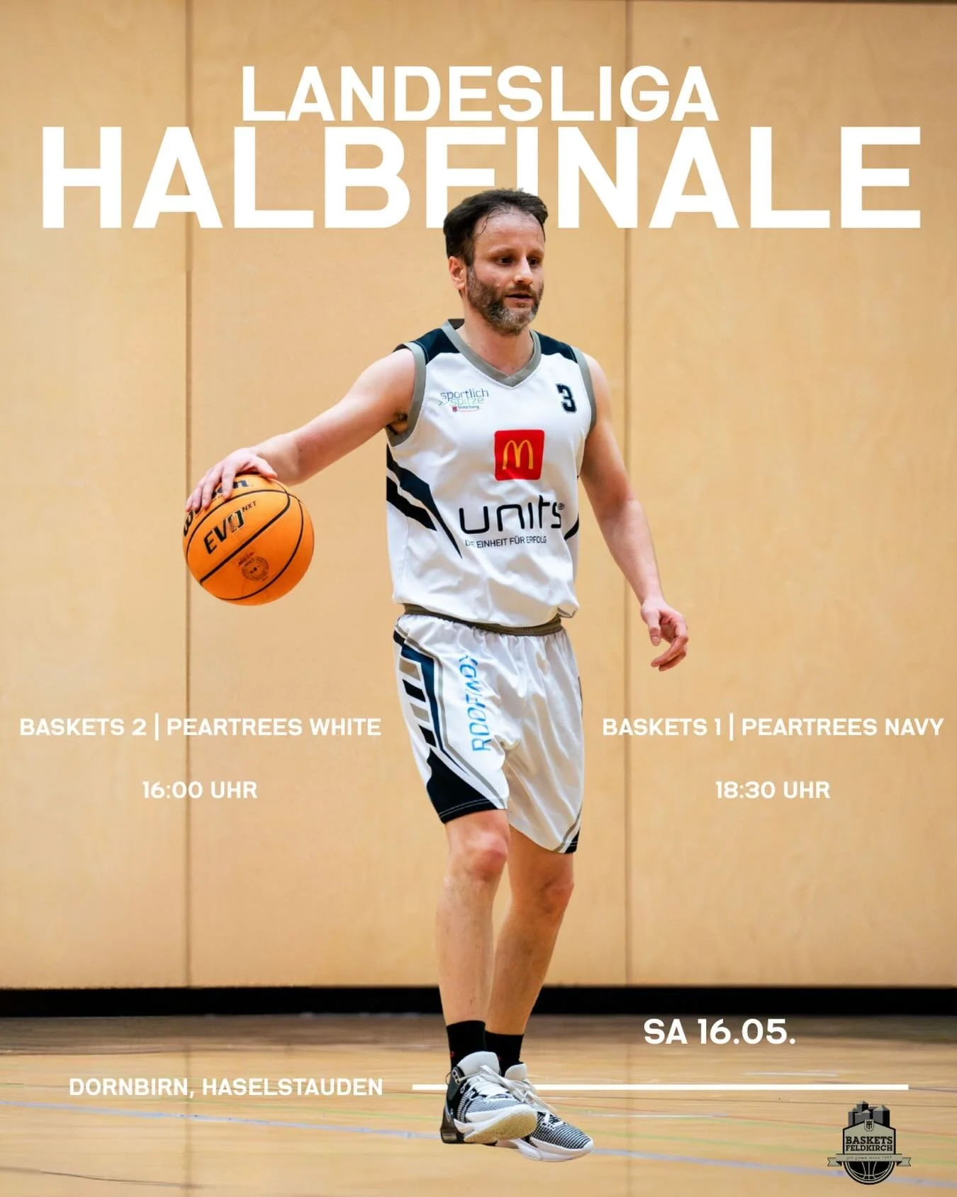 🔥 HALBFINALE 🔥

Beide Herrenmannschaften der Baskets Feldkirch haben es ins Halbfinale der Landesliga geschafft!

Am kommenden Samstag geht es in Dornbirn‑Haselstauden gegen die beiden Teams der Peartress Dornbirn um den Einzug ins Landesliga Final