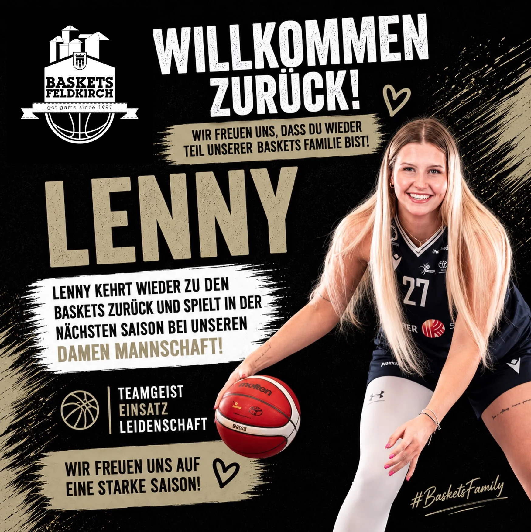 WELCOME BACK, LENNY! 💪

Zur&uuml;ck zu den Wurzeln! Lenny spielte bereits als Nachwuchsspielerin f&uuml;r die Baskets Feldkirch. Anschlie&szlig;end sammelte sie in den vergangenen Jahren wertvolle Erfahrung in der h&ouml;chsten &ouml;sterreichischen