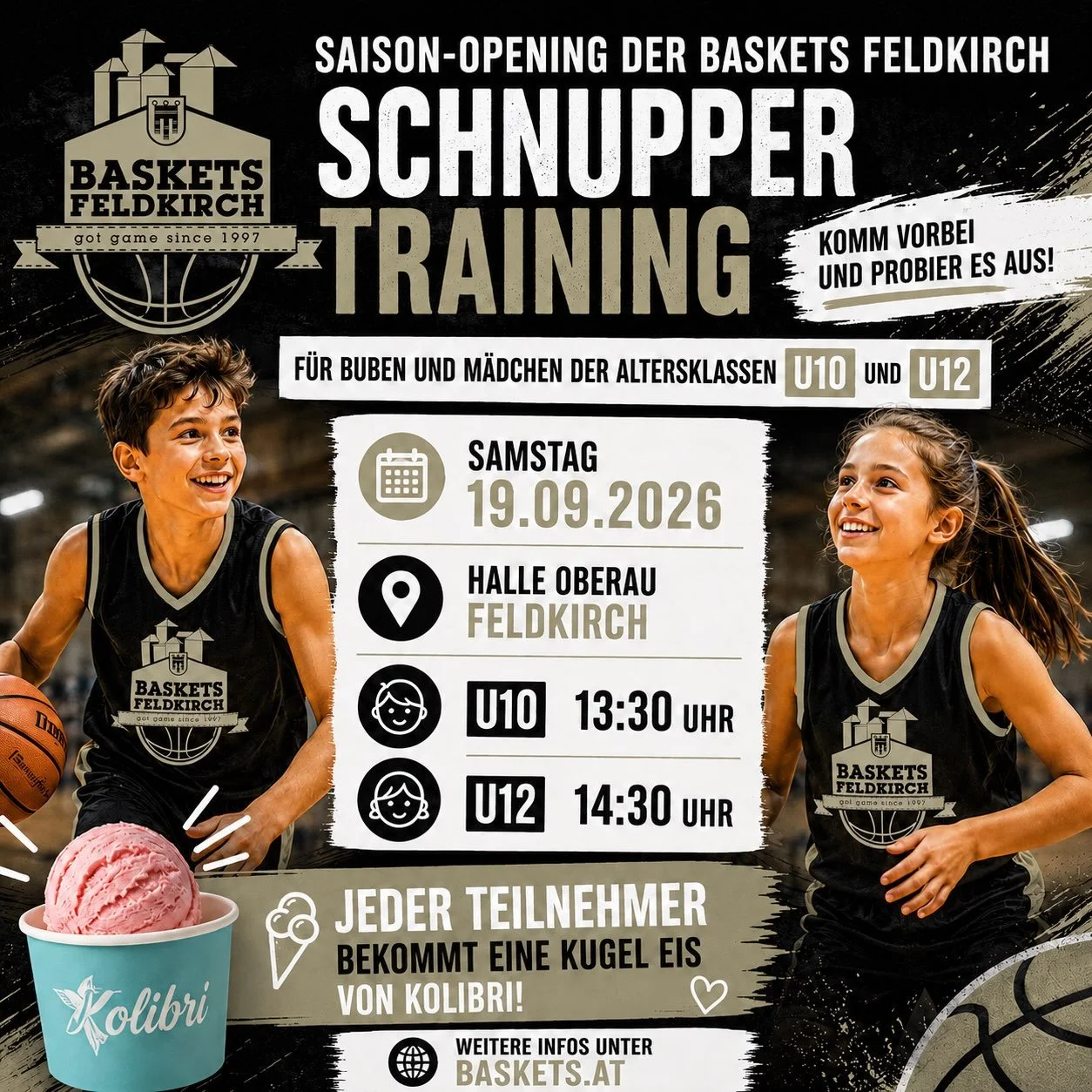 SCHNUPPERTRAINING BEIM SAISON-OPENING ⛹️&zwj;♂️

Du hast Lust auf Basketball und m&ouml;chtest es einfach einmal ausprobieren?
Dann komm zu unserem Schnuppertraining f&uuml;r Buben und M&auml;dchen der U10 &amp; U12!

Samstag, 19.09.2026
Halle Oberau