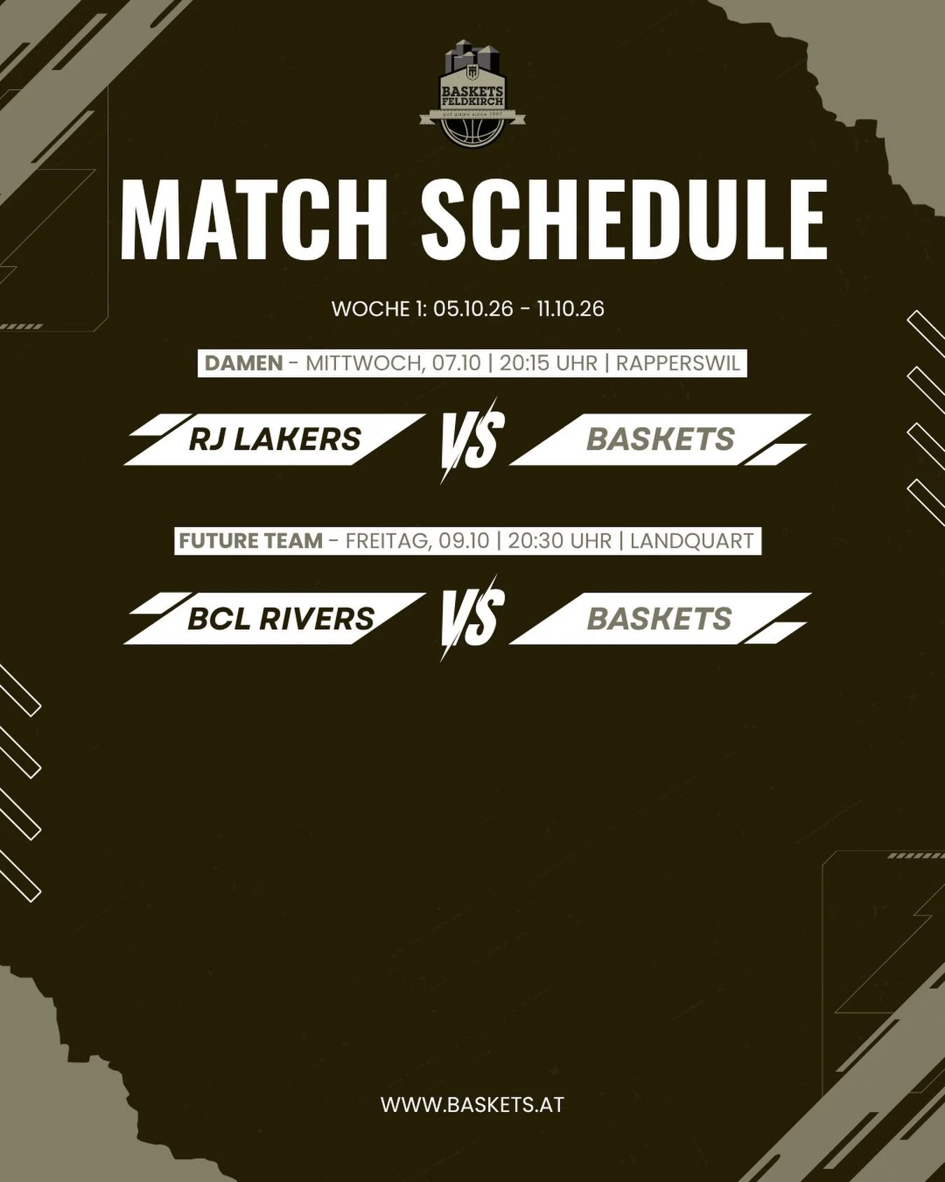 WEEKLY SCHEDULE 🆕

Ab dieser Woche gibt es regelm&auml;&szlig;ig unsere w&ouml;chentlichen Spiel-Updates damit ihr immer wisst, wann und wo unsere Teams im Einsatz sind!
 
Diese Woche stehen zwei Spiele auf dem Programm:
 
Unsere Damen treten ausw&a