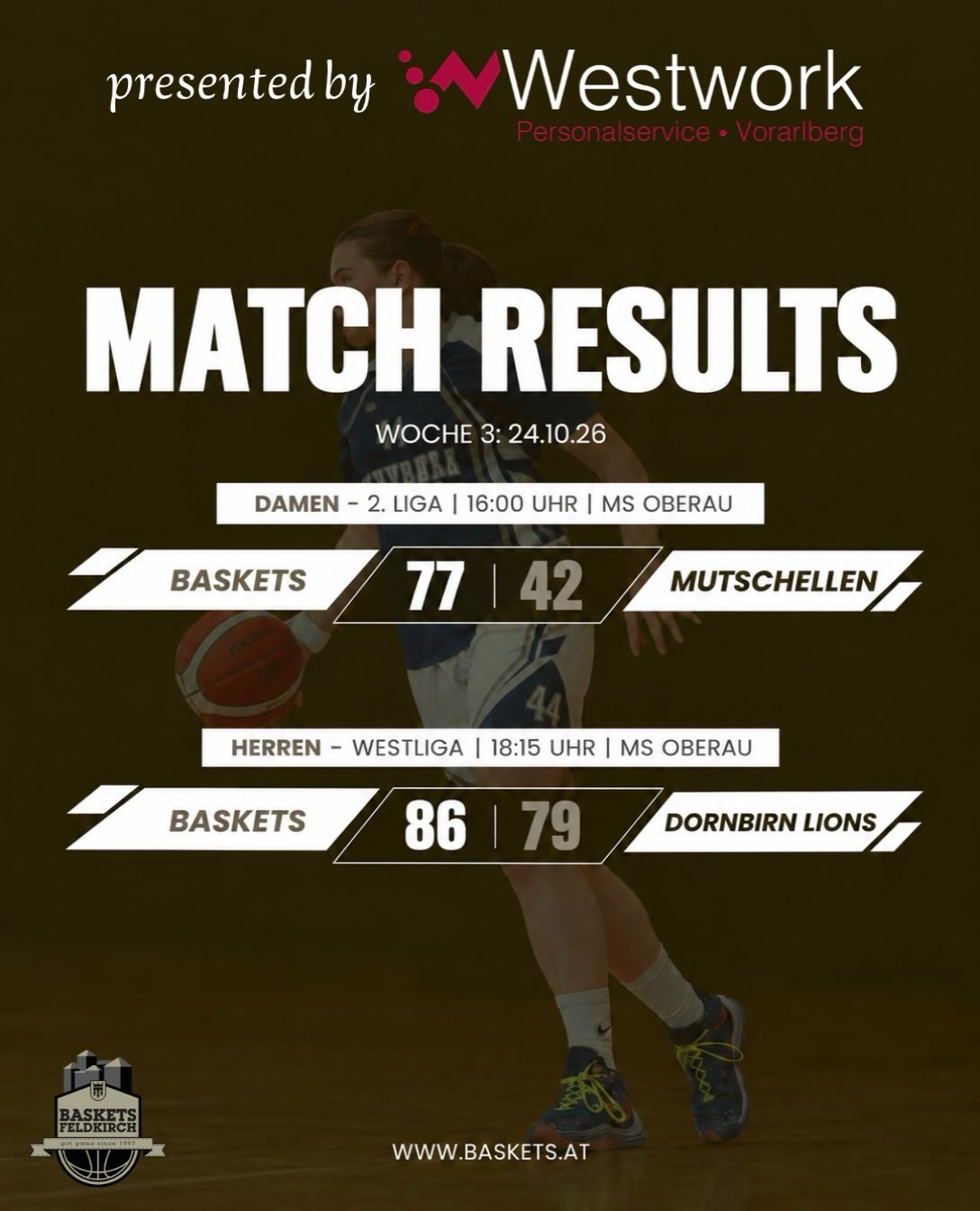 DOPPELSIEG BEIM GAMEDAY 🥳
 
DAMEN | Baskets Feldkirch &ndash; Mutschellen 77:42
Unsere Damen starten mit einem souver&auml;nen Sieg in die neue Saison! Auch wenn spielerisch noch nicht alles rund lief, war der Erfolg nie gef&auml;hrdet. Bei der Abst