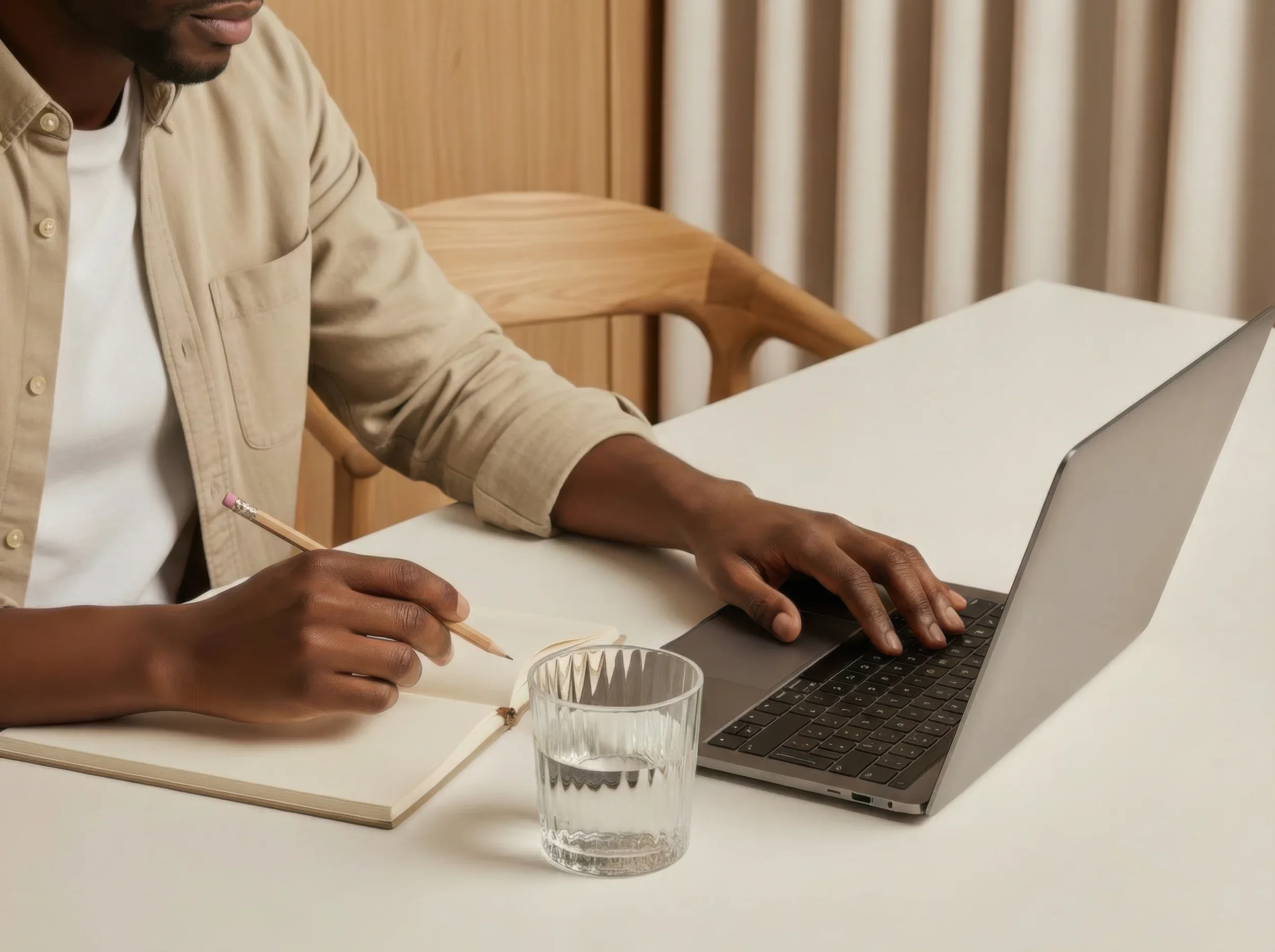 Persona usando computadora portátil, sosteniendo un lápiz y una libreta, con un vaso de agua en una mesa blanca.
