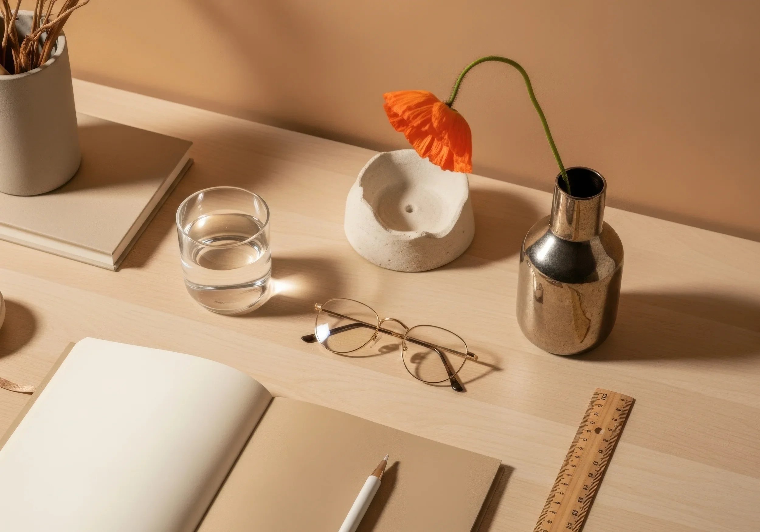 Vaso con flor de color naranja, vaso con agua, una libreta, gafas y un bolígrafo en una mesa de madera.