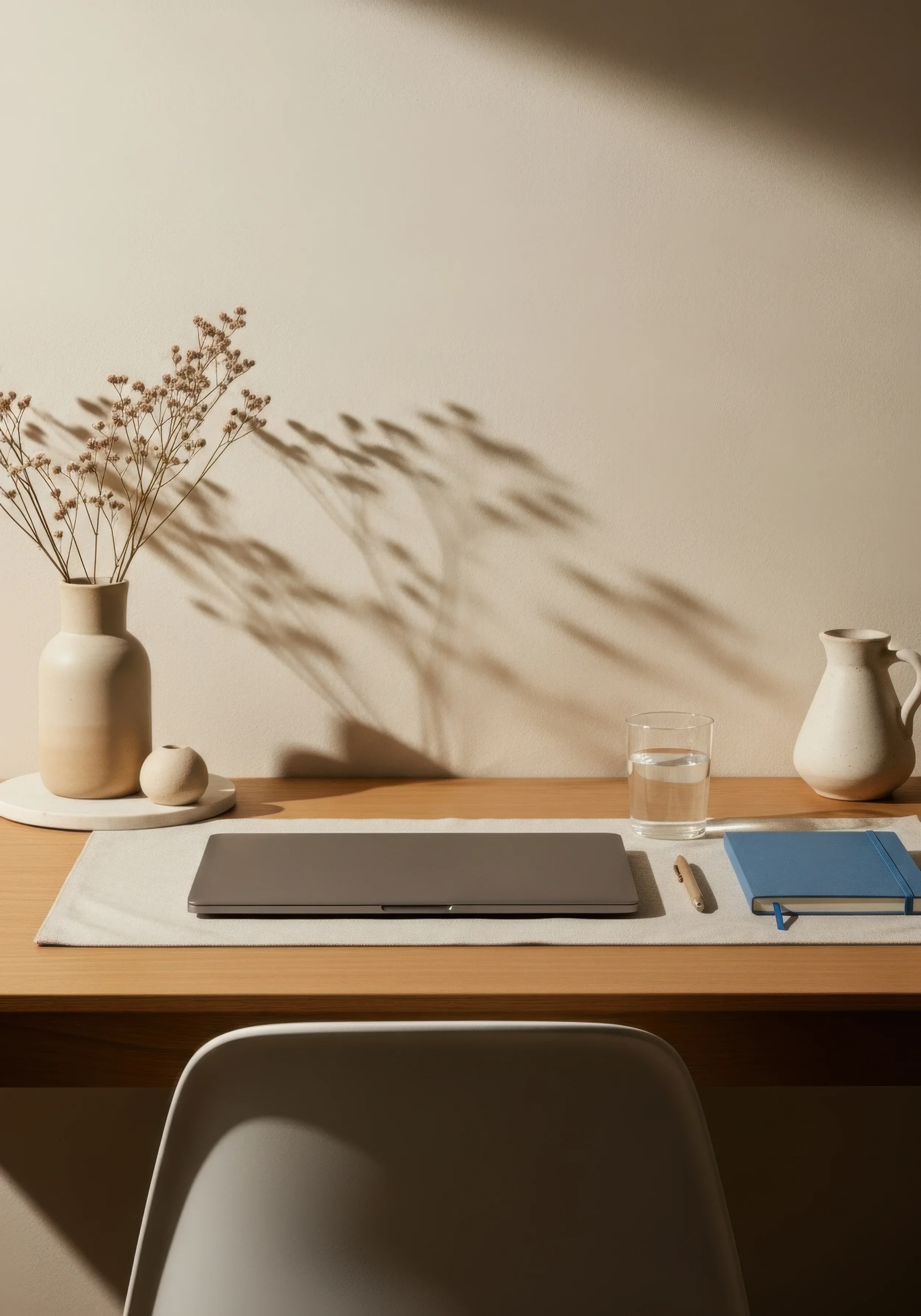 Mesa de trabajo con una laptop cerrada, una libreta azul, una pluma, una taza con agua, y vasos en una pared de fondo beige con una planta en un jarrón y sombras tendidas.