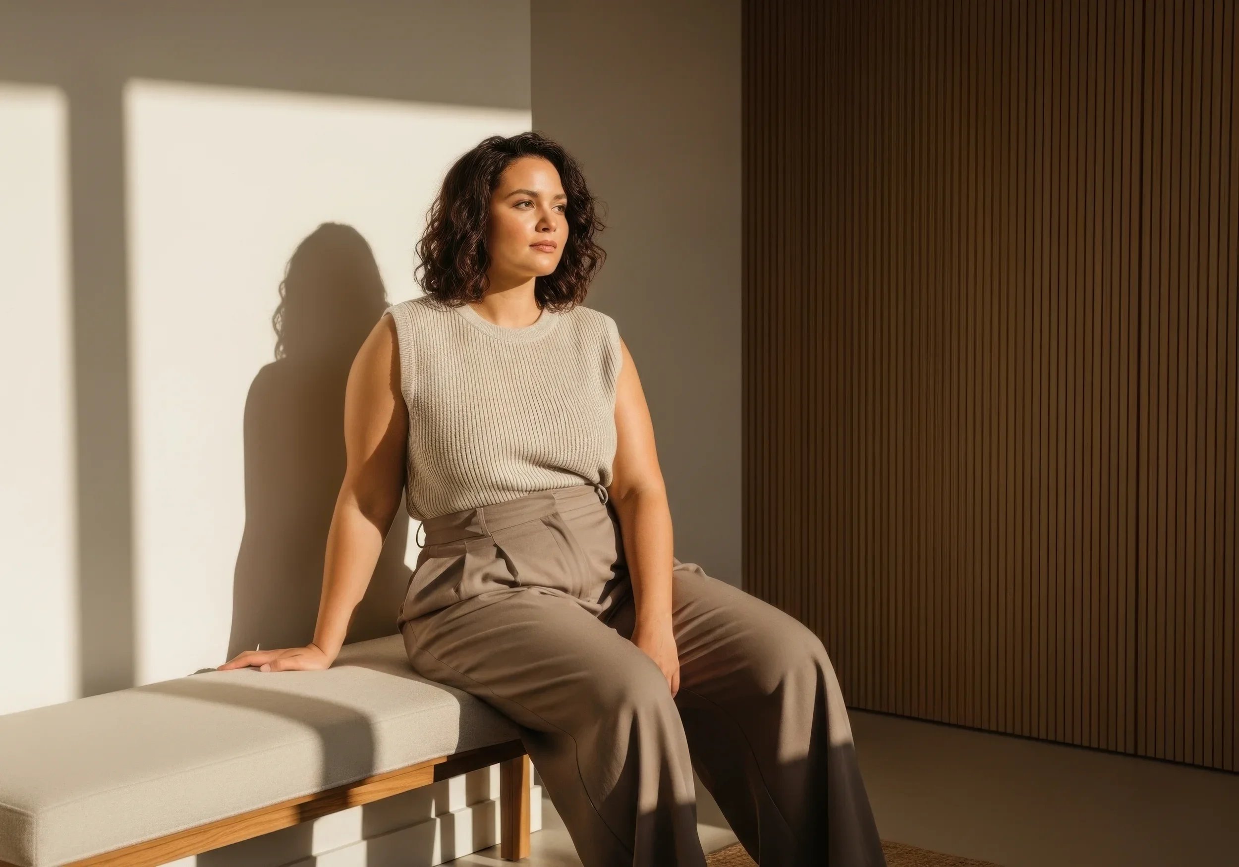Mujer sentada en un banco, vista de perfil, con luz natural iluminando su rostro, fondo con pared blanca y pared de madera.