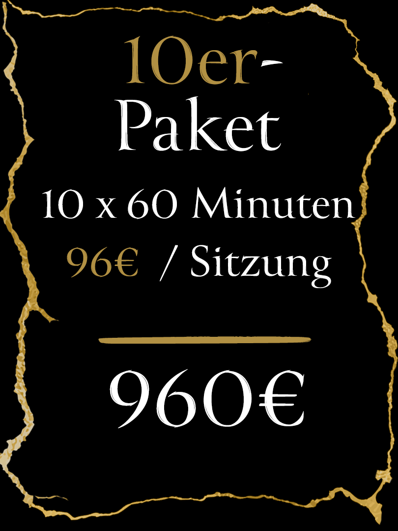 Ein Preisschild für ein zehner Paket von Sitzungen, zehn mal 60 Minuten. Kosten betragen 96€ pro Sitzung und 960€ insgesamt. 240€ Ersparnis gegenüber Einzelsitzungen.