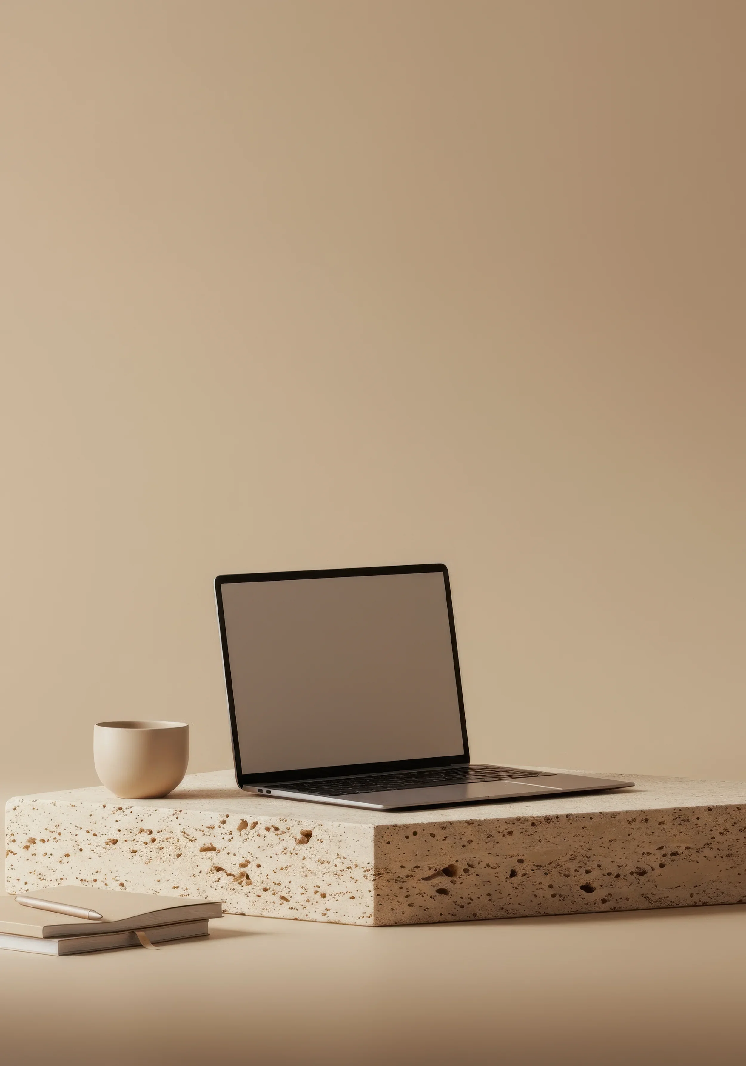 Piano in marrmo con un laptop aperto, una tazza bianca e un libro con una penna, tutto su una superficie di pietra con sfondo beige