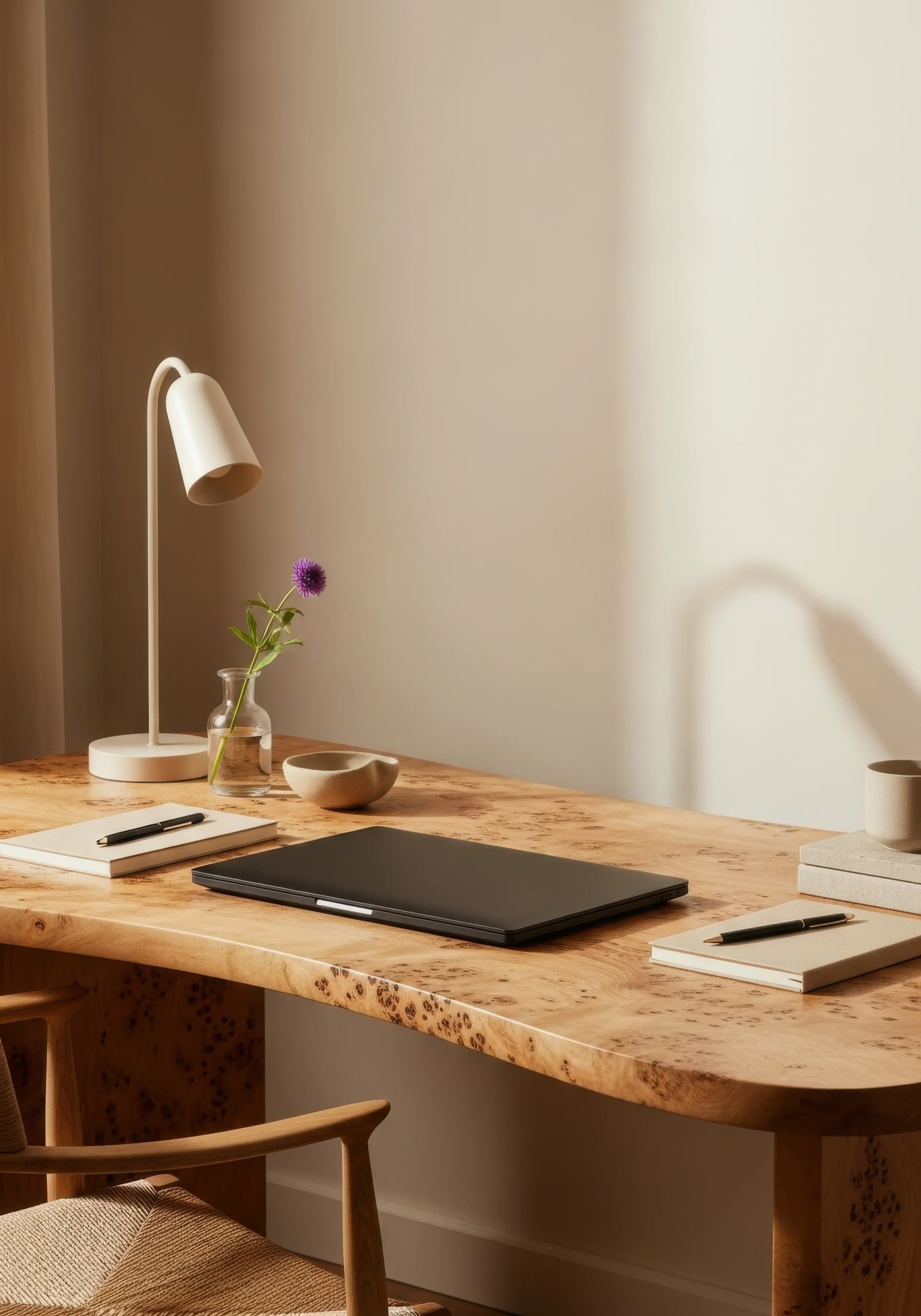 Mesa de madeira com uma luminária branca, um vaso com uma flor roxa, uma tigela de cerâmica, um laptop, duas cadernetas com canetas e uma xícara.