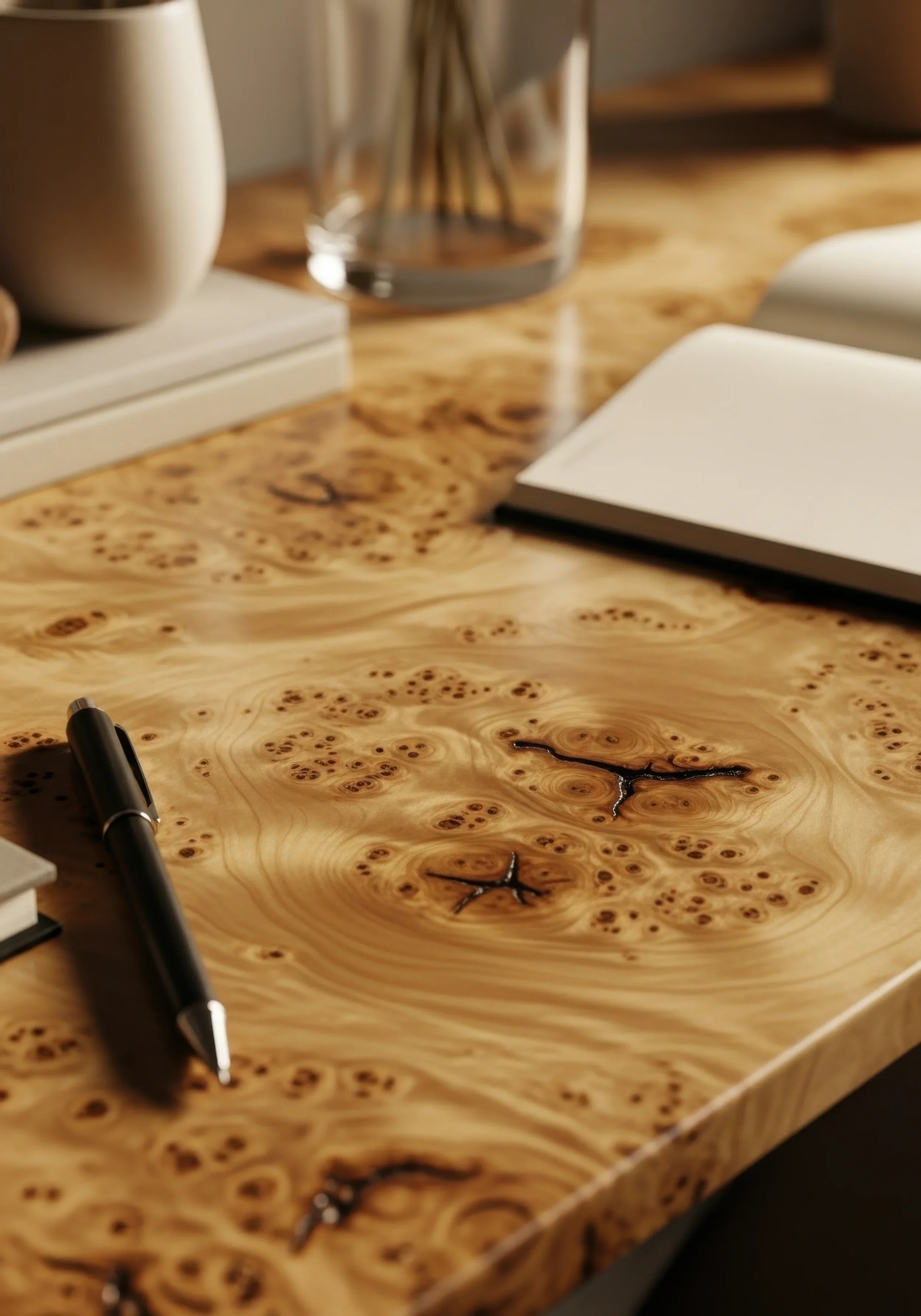 Mesa de madeira com acabamento em pontos de Burma, com uma caneta preta, um livro aberto e uma caneca branca ao fundo.