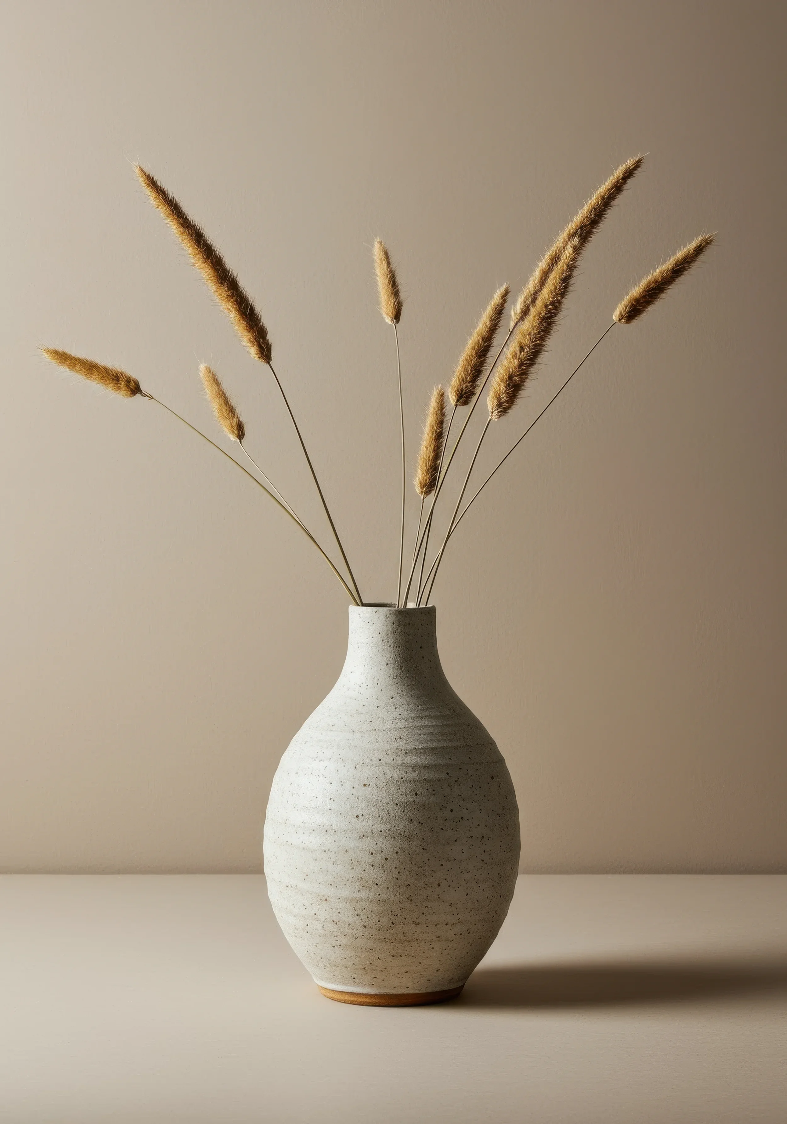 Vaso de cerâmica branco com textura esbranquiçada, contendo hastes secas com plumas de capim dourado contra fundo neutro.