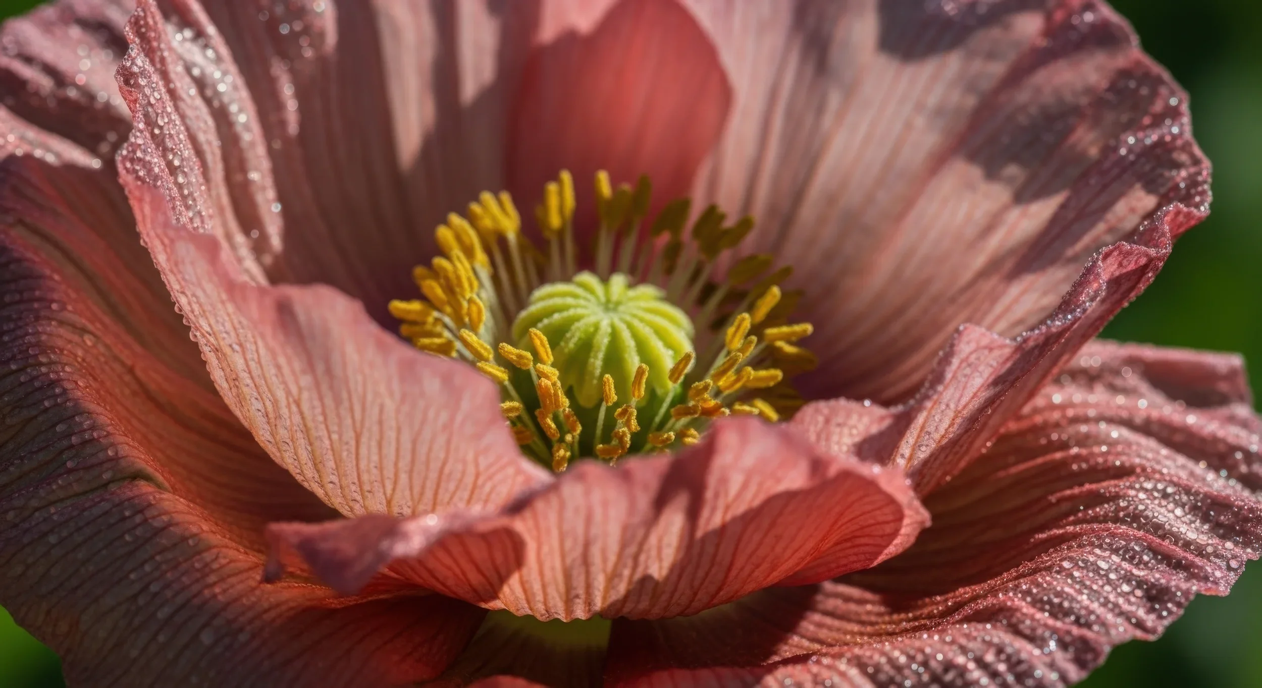 Close-up de uma flor com pétalas em tons de rosa e gotas de orvalho, centro com estames amarelos e pistilo verde.