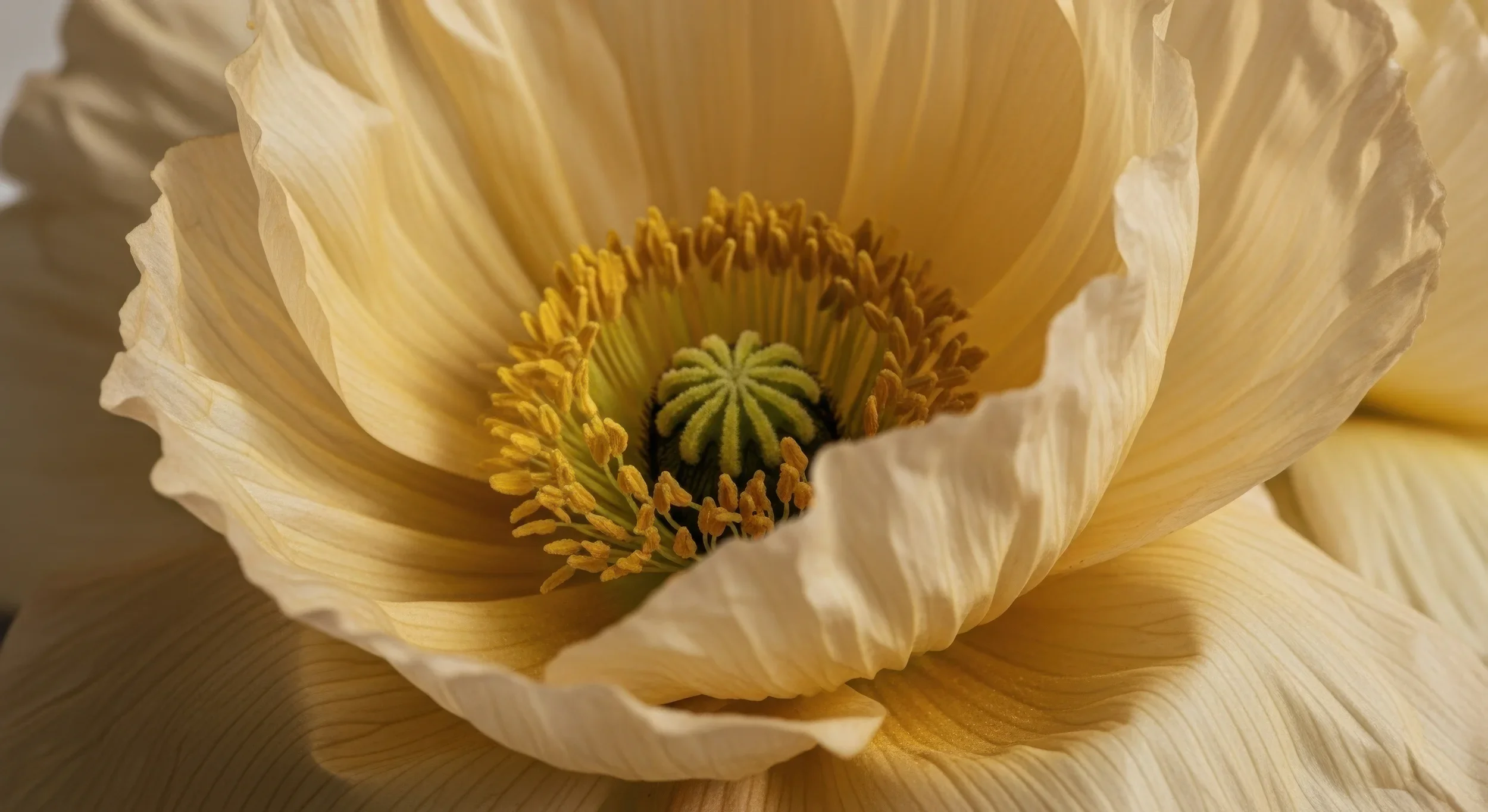 Close-up de uma flor de papiro, com pétalas amarelas e centro com estames e broto central verde.
