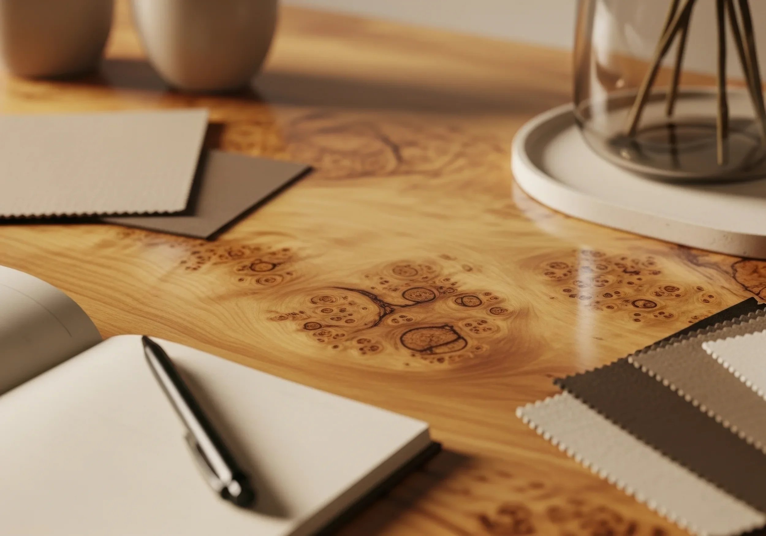 Mesa de madeira com amostras de cores, um caderno com caneta, vasos e um recipiente com palitos de madeira.