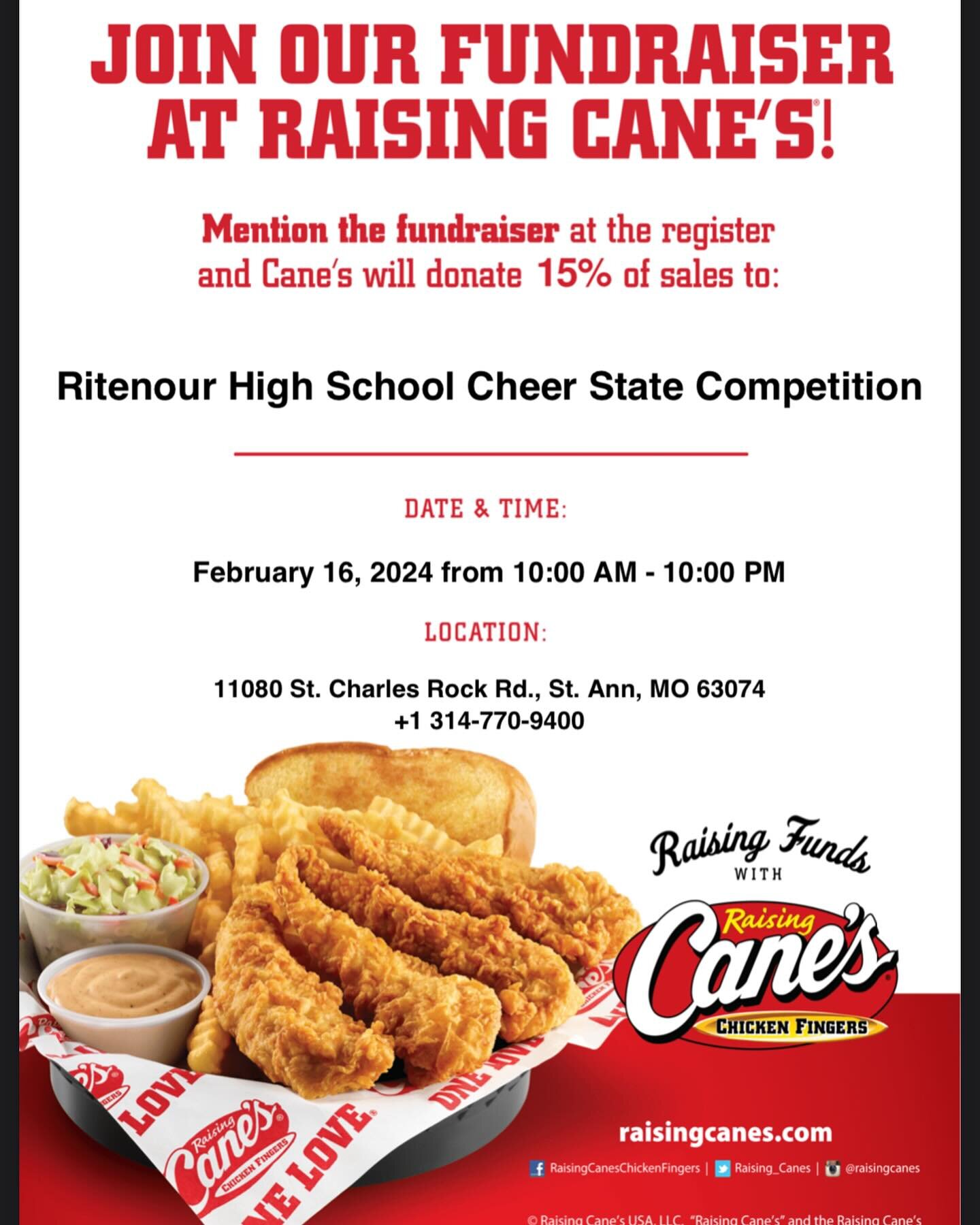 COME SUPPORT 🖤

Friday feb. 16th from 10am - 10pm at Raising Canes on St. Charles Rock Road. 15% of profit goes to the cheer team for funds and other resources. All you have to do is mention the cheer team at check out. Thank you in advance 🖤🖤

#g