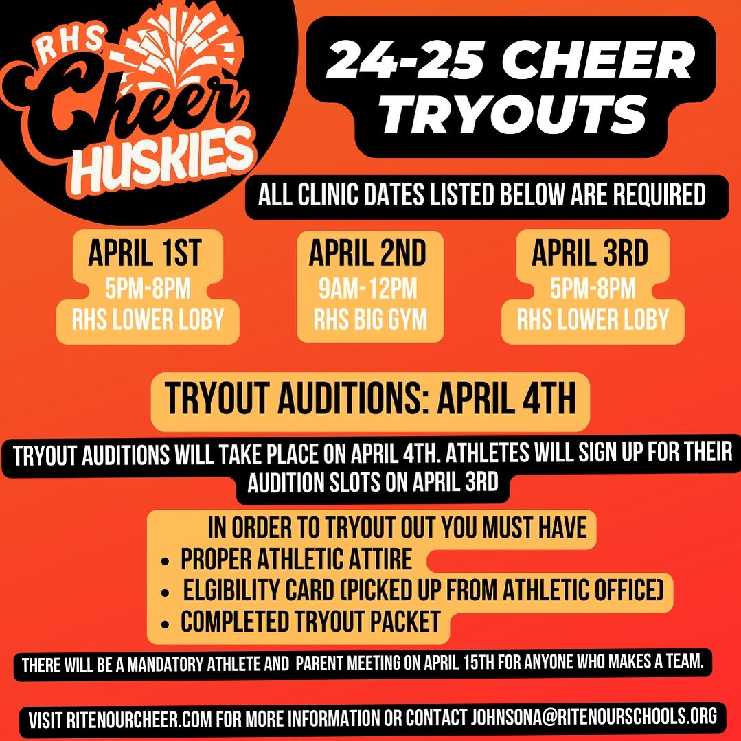 Cheer tryouts are just around the corner. If you want a chance to be a part of this awesome program make sure to pick up a tryout packet from the athletics office! Email johnsona@ritenourschools.org with any questions.