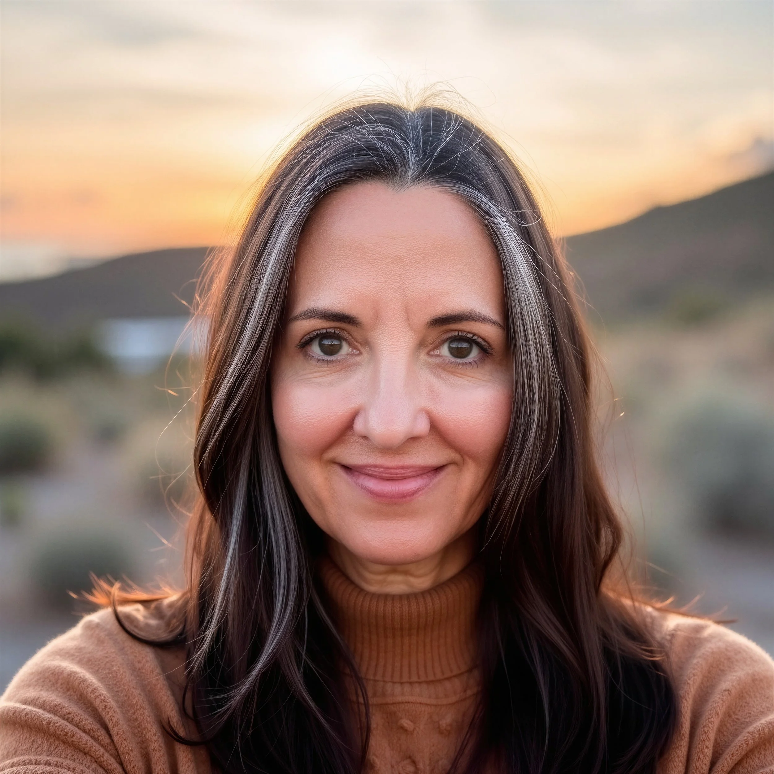 Close-up of a woman's face with gray streaked hair and brown eyes, wearing a tan sweater and turtleneck, outdoors at sunset with hills in the background.