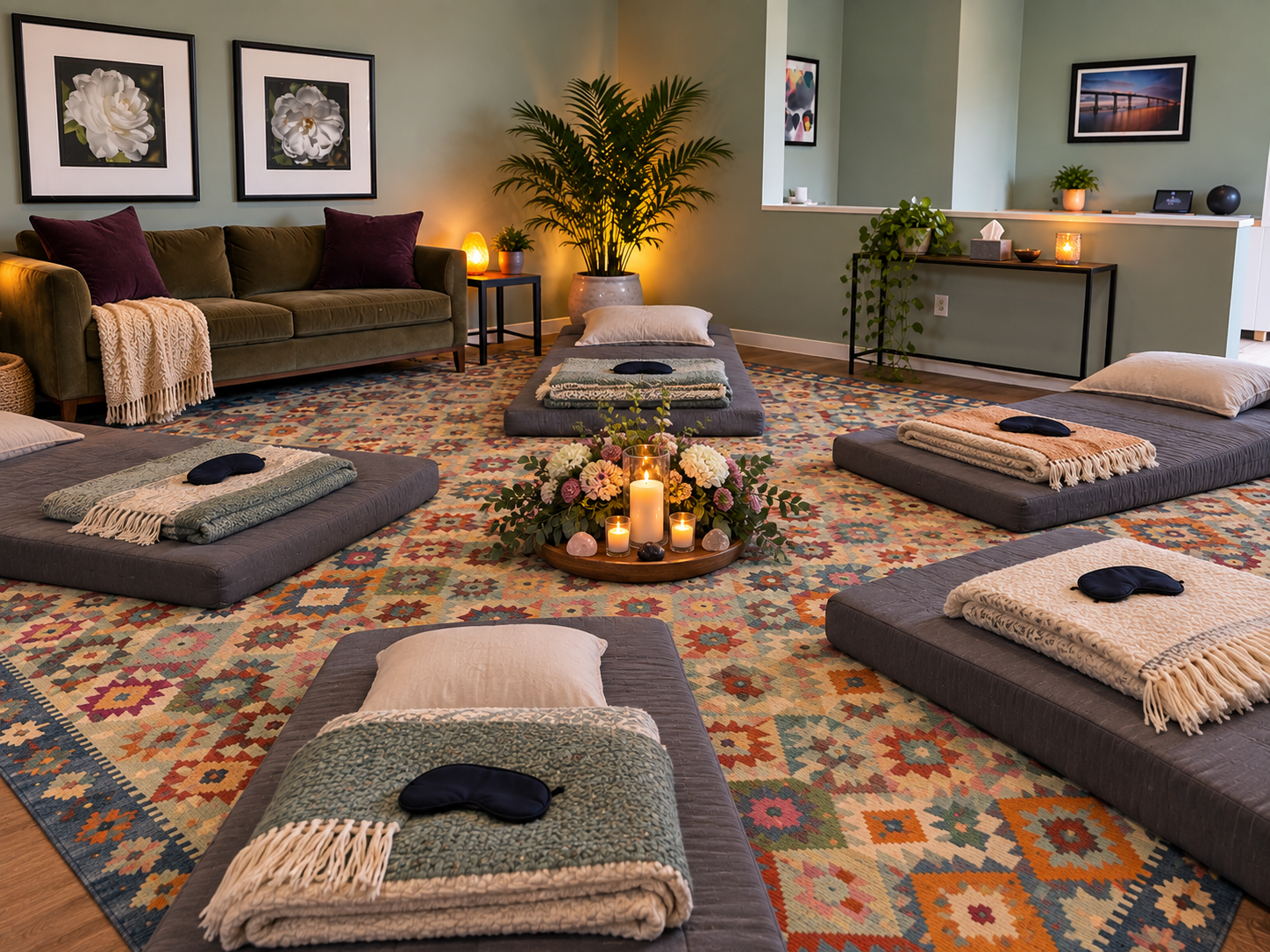 Calm and relaxing Ketamine-Assisted Group Therapy room with couches and candles in the middle in Lakeview, Chicago