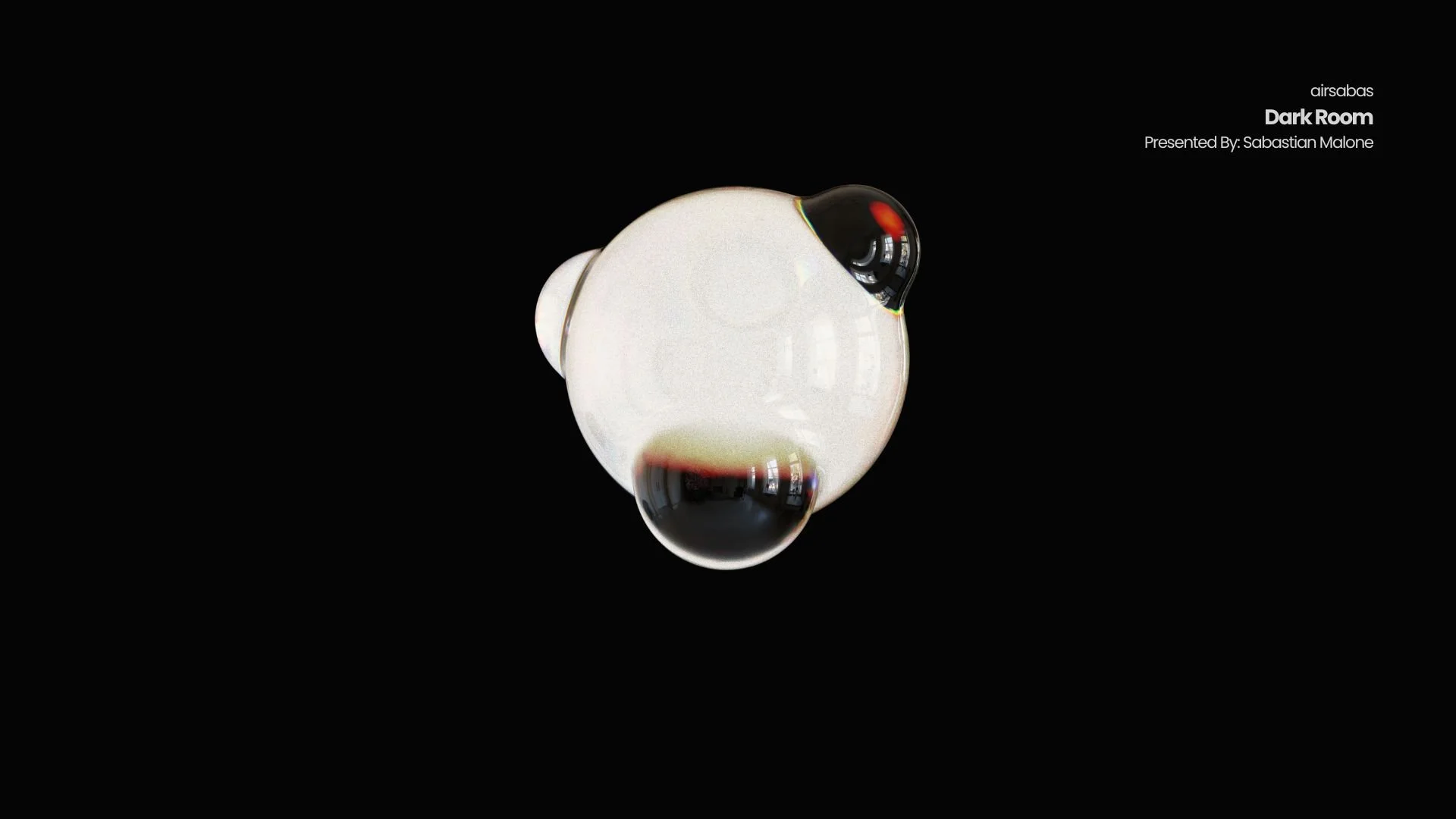 A white and black abstract glass sculpture resembling a small creature, set against a black background, with text indicating it is part of the Dark Room series by Sabastian Malone.