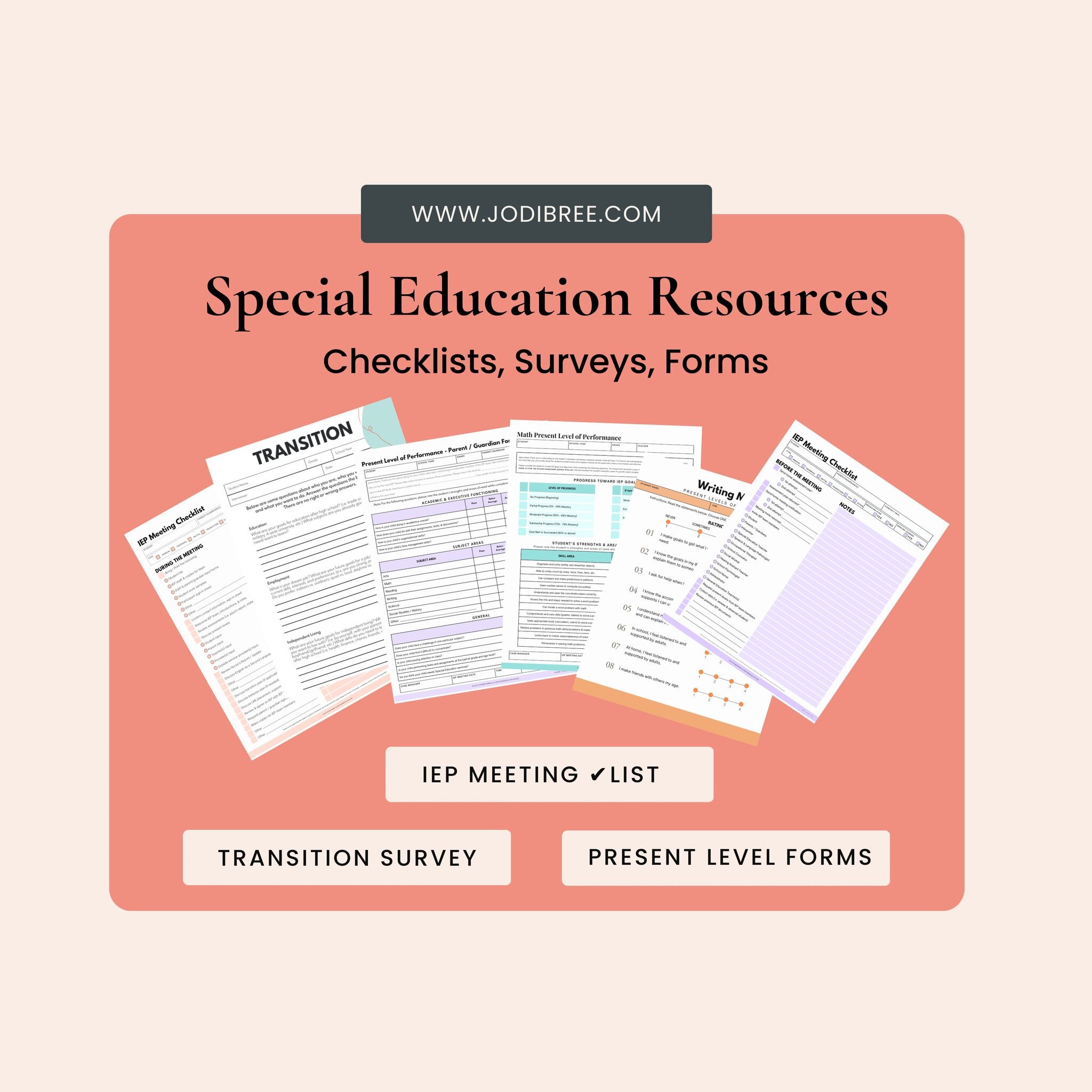 📑 Hi Everyone, I made you quick, quality Special Education Resources! Like an IEP ✔️List, Present Level Forms, Parent &amp; Student Questionnaires, and Transition Surveys. You can find them @ 💻www.jodibree.com or on my TpT store 👉Legit Learning. h