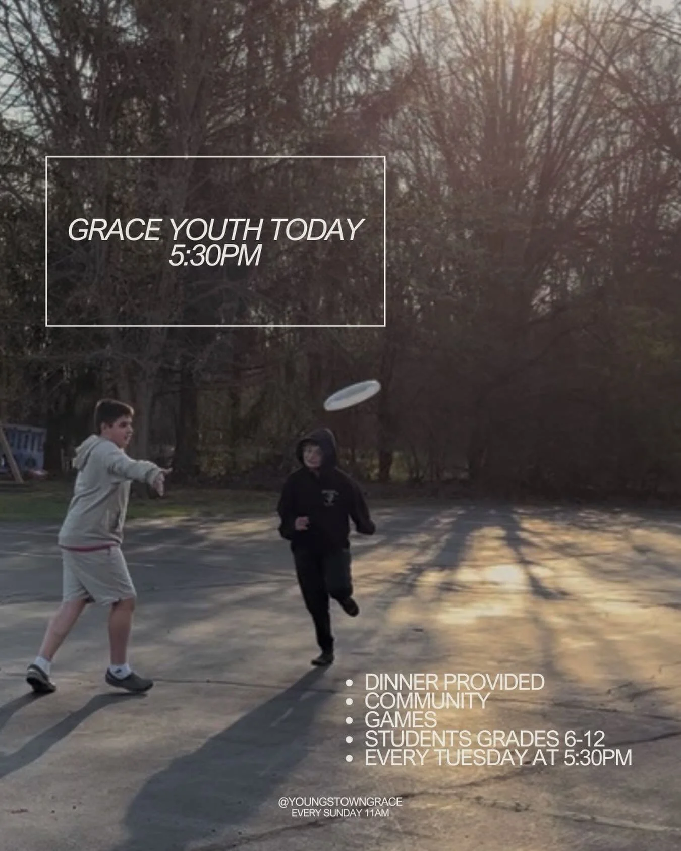 Calling all students, grades 6-12! Join us for Grace Youth every Tuesday at 5:30pm. See you soon!