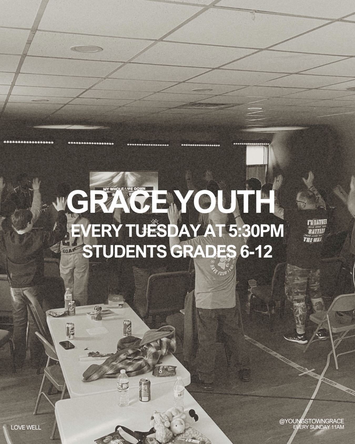 Calling all students grades 6-12! 

Join us for good conversations, community and a free meal. 

Every Tuesday at 5:30pm. #graceyouth #lovewell #youngstowngrace #youngstown