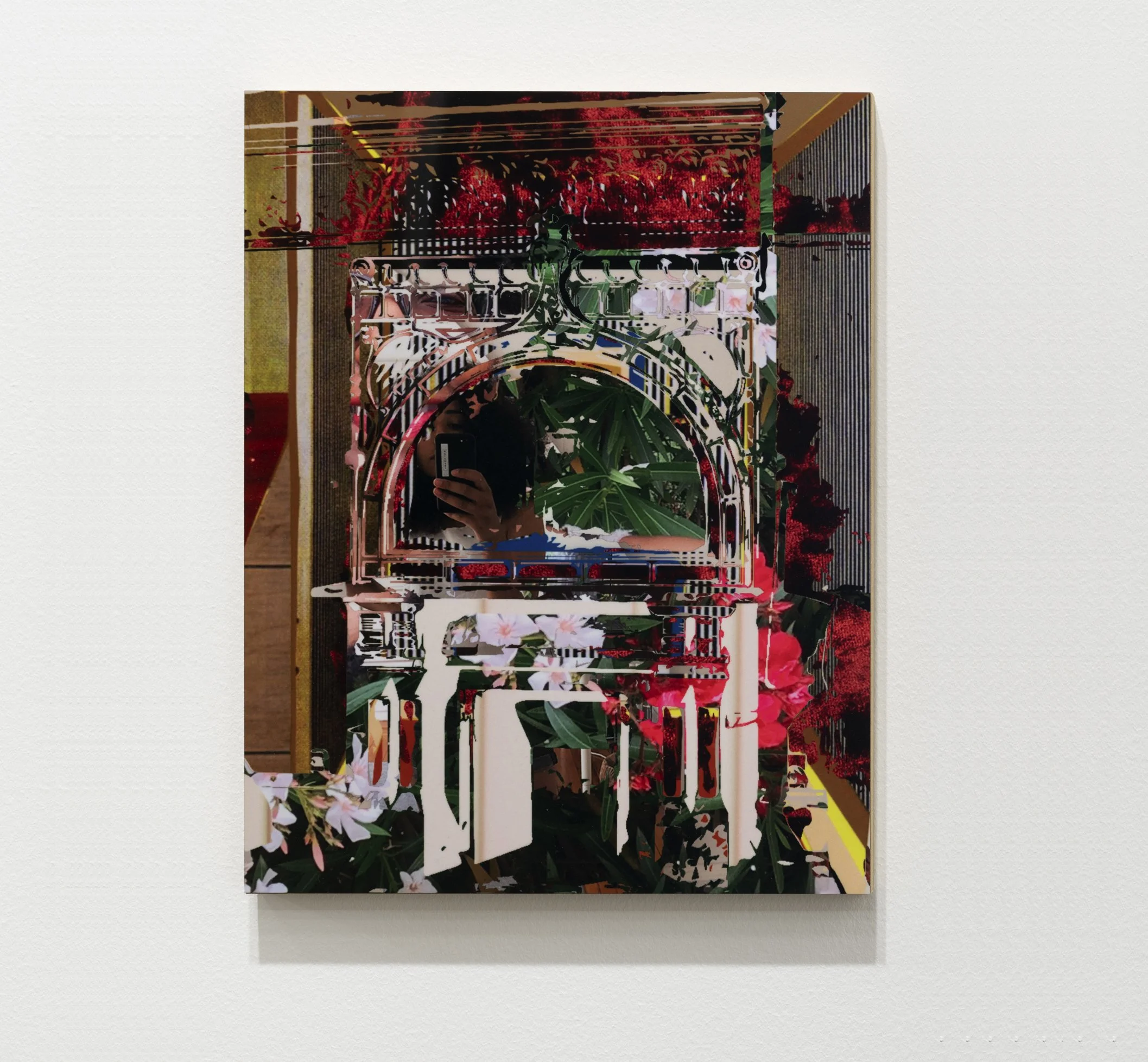 Pose, 12 x 15.4 x ½ in., ChromaLuxe Aluminum photo panel, MDF. Including elements from Mickalene Thomas, Interior: Striped Foyer, 2011; Richard Nickel, Adler & Sullivan’s Morris Selz Residence, 1717 S. Michigan Avenue, Chicago, Illinois, designed or 