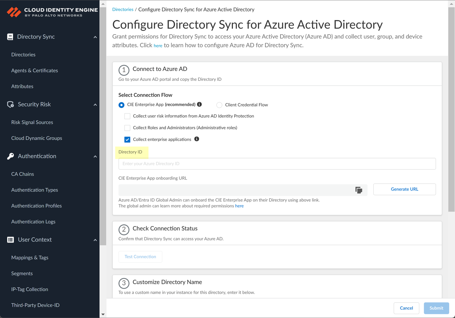 Palo Alto Networks documentation screenshot of CIE Directory Sync with the Directory ID field highlighted.
