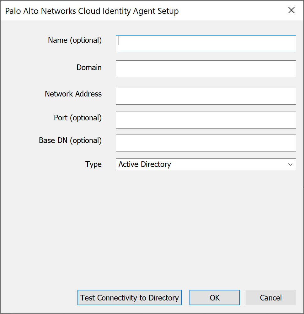 Palo Alto Networks documentation screenshot of Add Directory showing Domain, Network Address, Port, Active Directory type, and Test Connectivity to Directory.