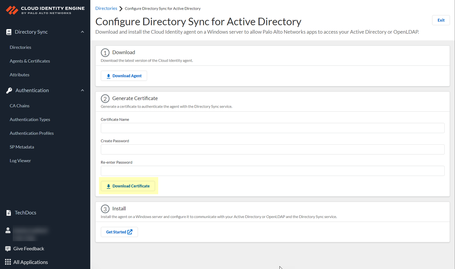 Palo Alto Networks documentation screenshot showing Certificate Name, Create Password, Re-enter Password, and the highlighted Download Certificate button.