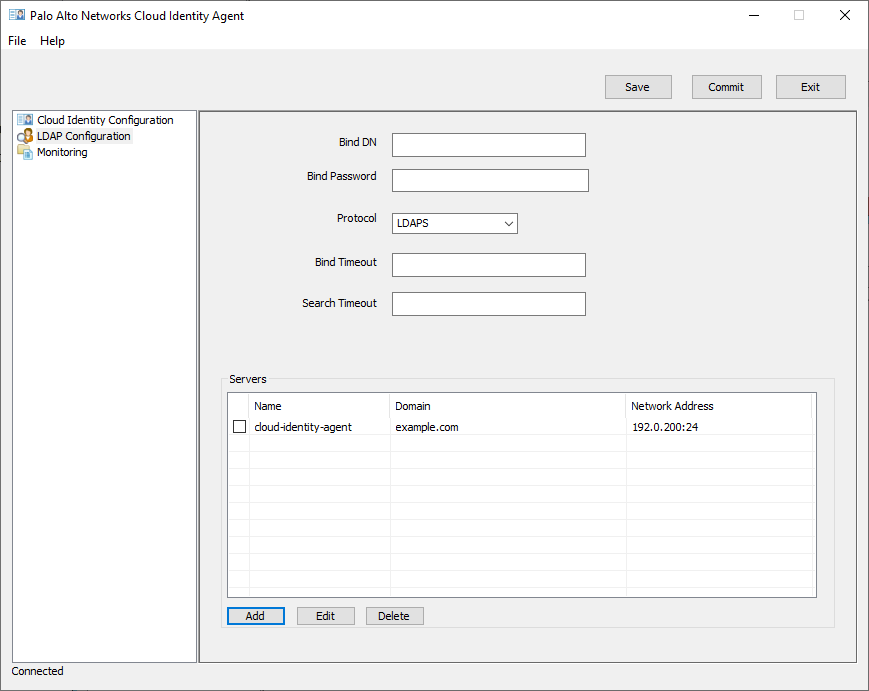 Palo Alto Networks documentation screenshot of LDAP Configuration with Bind DN, Bind Password, LDAPS protocol, timeouts, and the Add button in the Servers list.