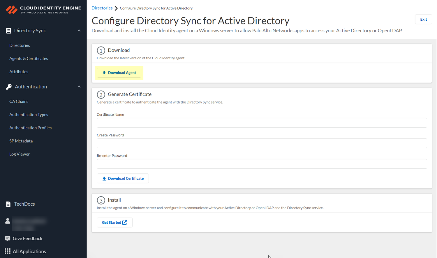 Palo Alto Networks documentation screenshot of on-premises Directory Sync setup with Download Agent highlighted.
