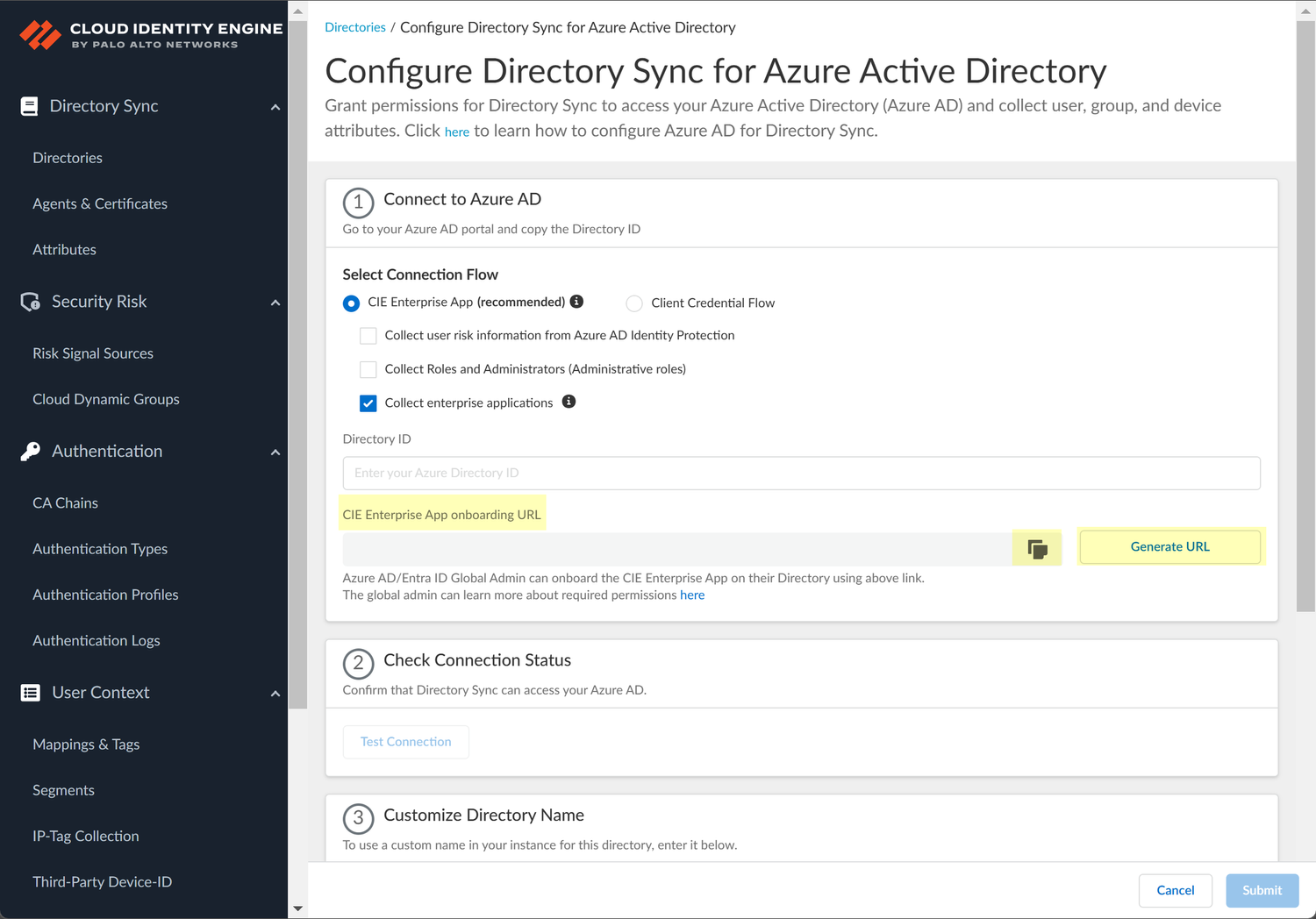 Palo Alto Networks documentation screenshot highlighting Generate URL, the CIE Enterprise App onboarding URL field, and its copy control.