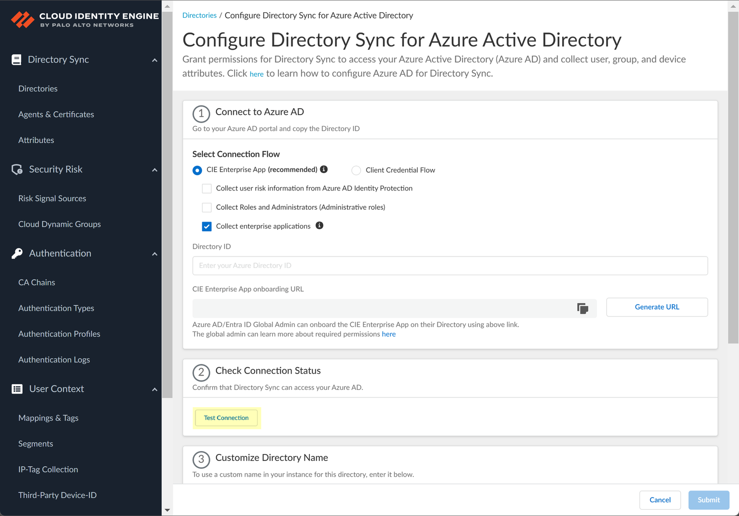Palo Alto Networks documentation screenshot highlighting Test Connection under Check Connection Status in CIE Directory Sync.