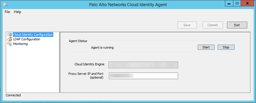 Palo Alto Networks Cloud Identity agent documentation screenshot showing the Cloud Identity Engine endpoint field and optional proxy field.
