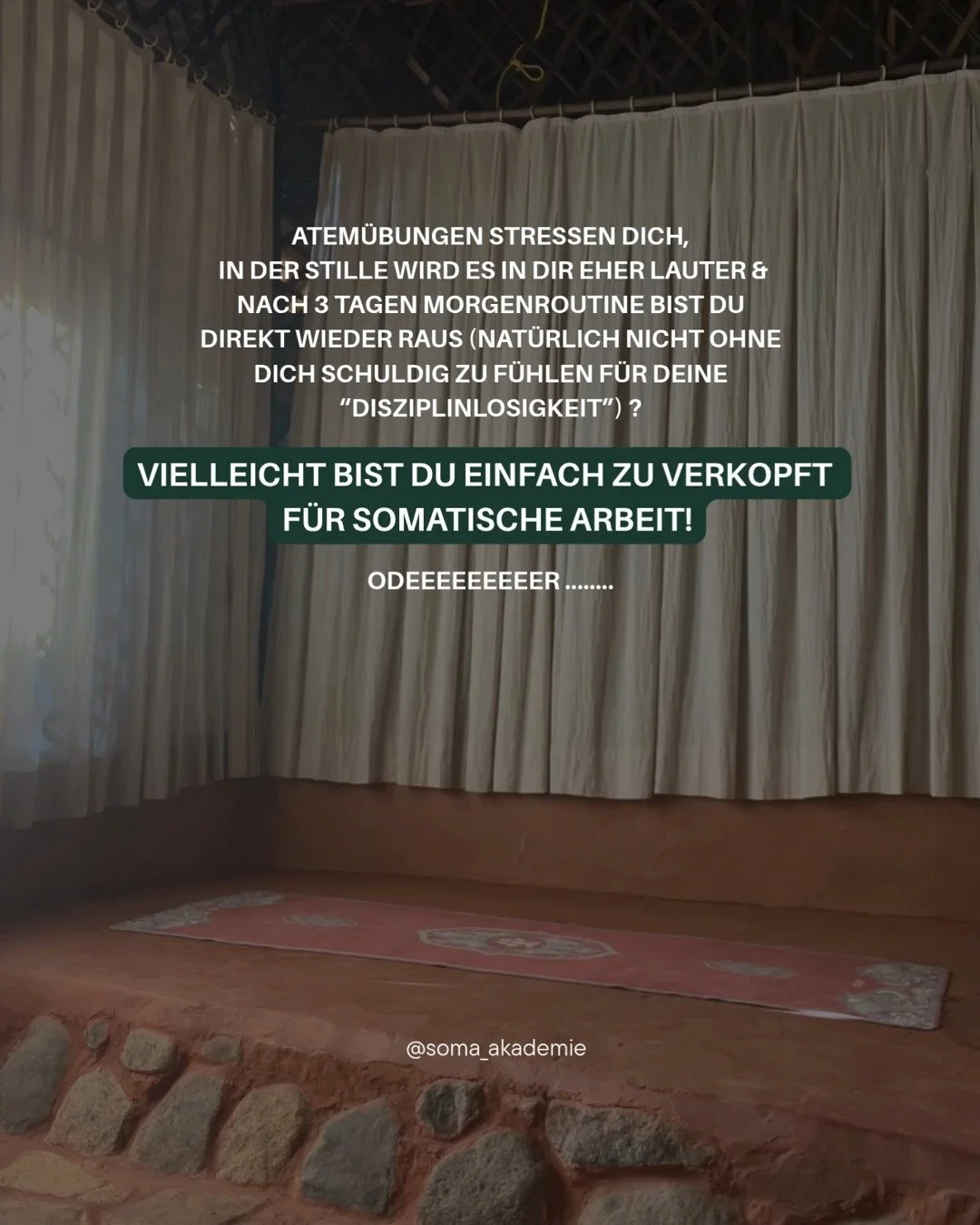 Ich hab lange gedacht, ich bin einfach zu unruhig f&uuml;r somatische Arbeit.

Alle haben von stillen K&ouml;rperreisen und festen Routinen geschw&auml;rmt &amp; ich sa&szlig; jeden Monat da, habe Routinen voller Vorfreude geplant, nur um sie drei Ta