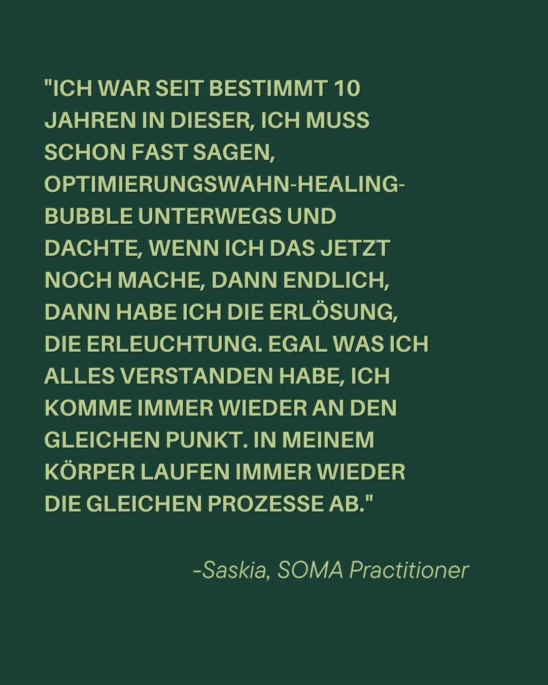 Im SOMA Practitioner Training halten wir nichts von Erfolgsversprechen. 

Unser Training ist weder Ergebnis- noch Leistungsorientiert. 

Es ist zyklisch, weit und Komplex. 
H&auml;lt f&uuml;r die unterschiedlichsten Frauen, die unterschiedlichsten Er