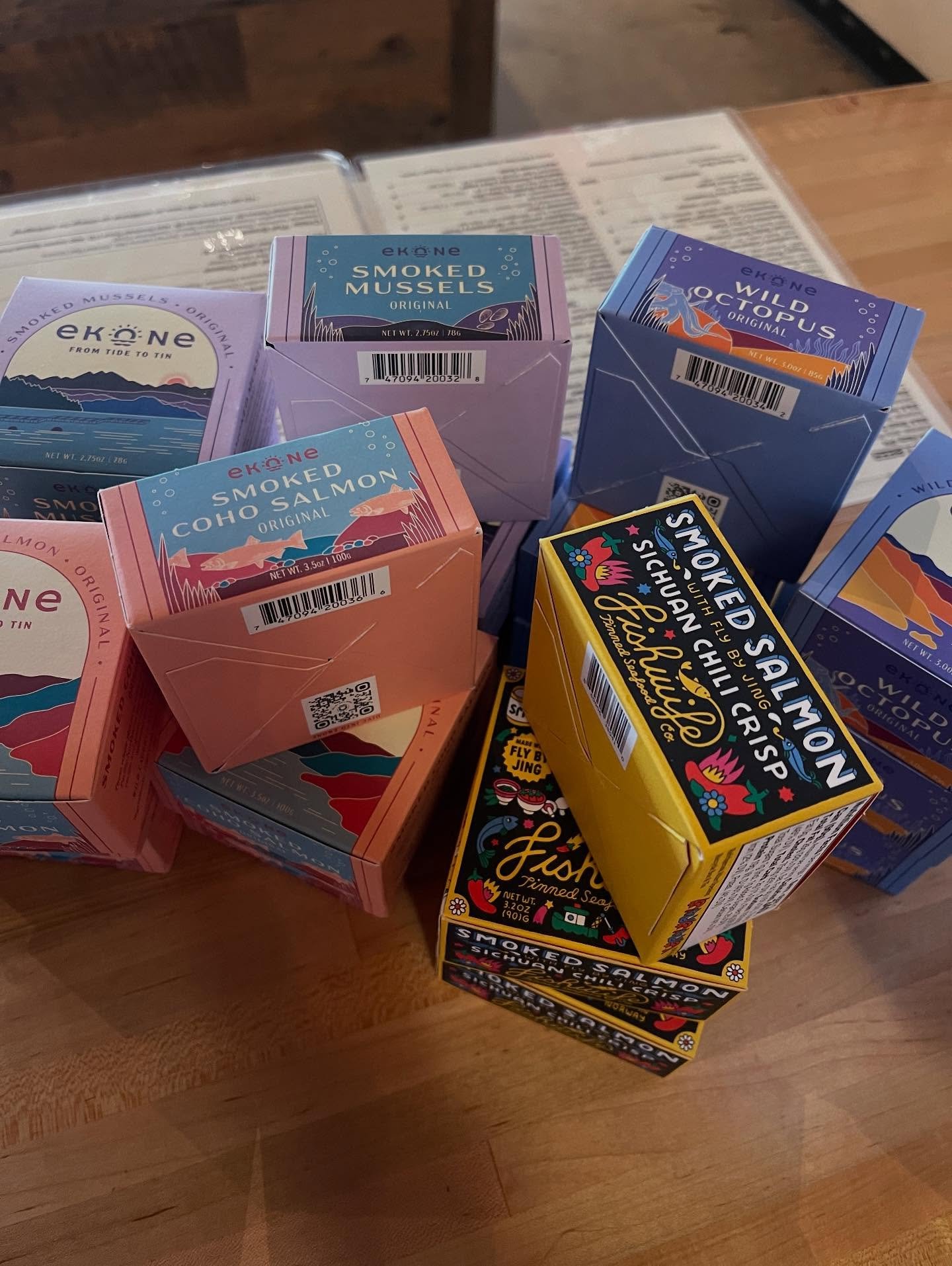 New fish stuff for you fishies out there!

We got the Fly By Jing salmon from @fishwife, but not the regular salmon. 

For some plain smoked salmon we brought in @ekoneseafood as well as their awesome Mussels and Octopus. 

And we got other stuff too