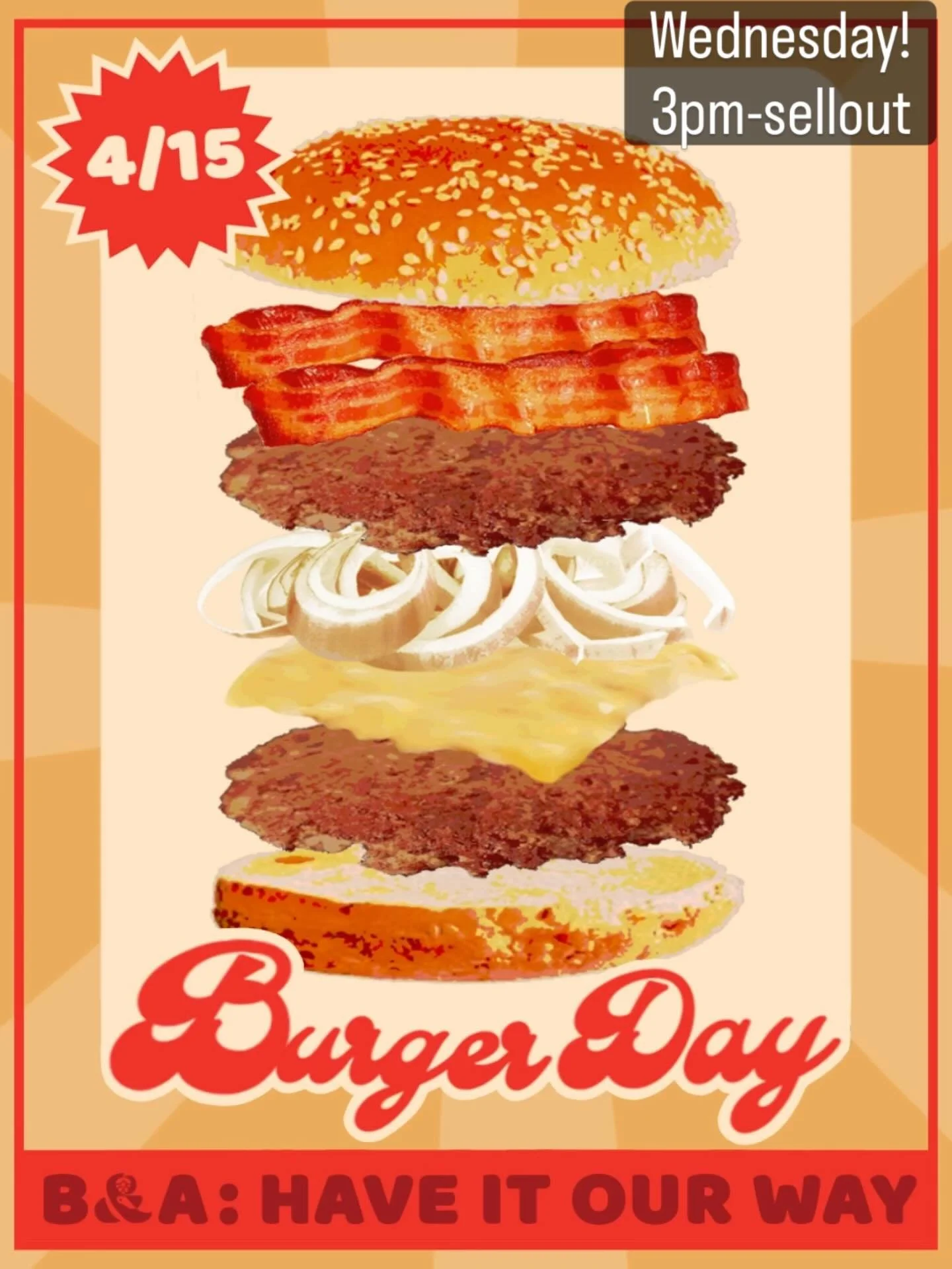 It&rsquo;s that time again. We&rsquo;ve got 40 burgers and we&rsquo;re rebooting the FAFSA burger: smashed patties, actual carmelized onions, melty white cheddy, bacon.

We&rsquo;ll start at 3pm! And as per last time, no savesies on burgers. E.G. don