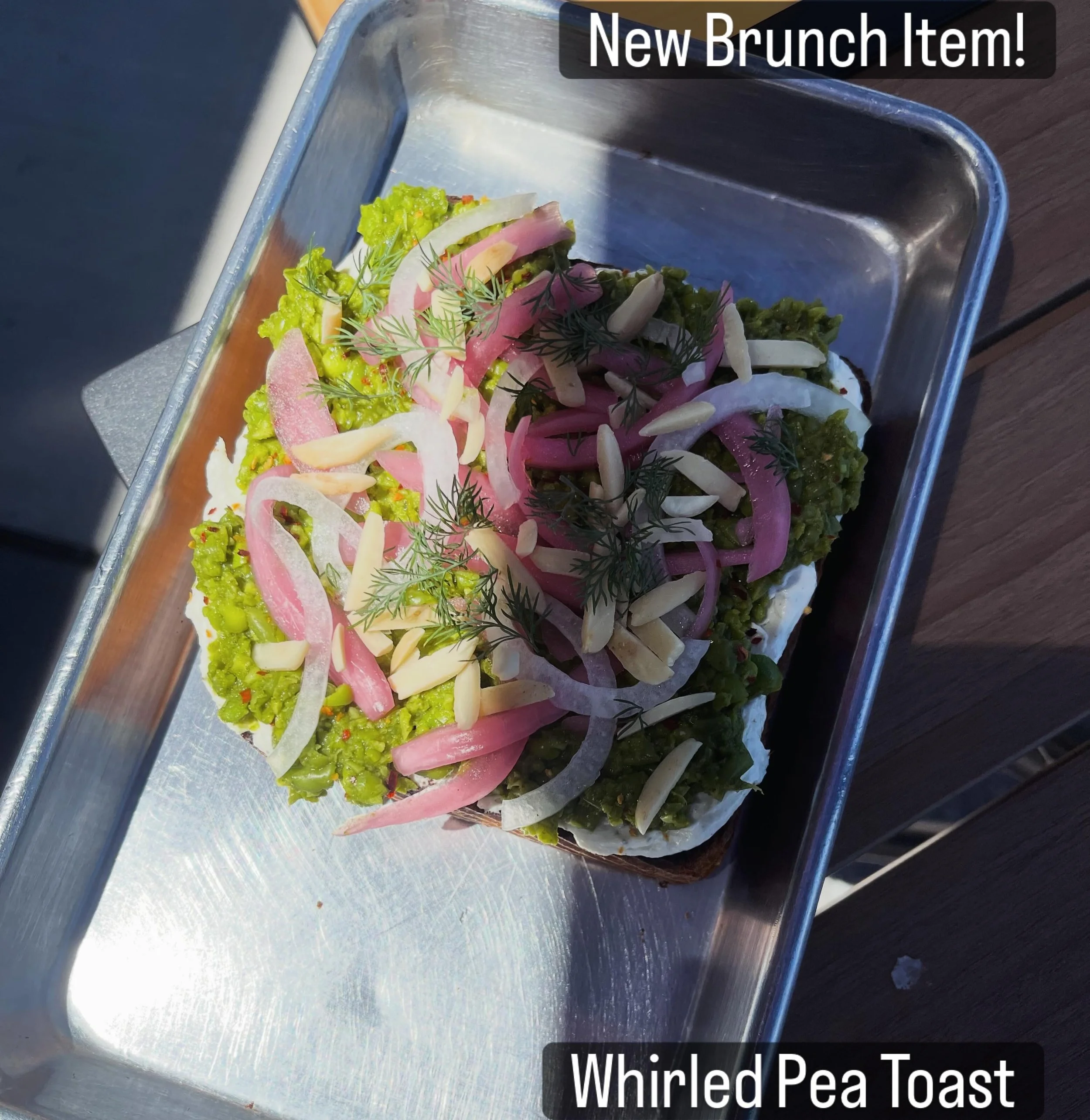 Got inspired by @pizzeriaruby and @turkeyandthewolf and now we have a pea toast.

Whirled peas with a lemon-herb dressing, goat cheese moose, white and pickled red onions, almonds &amp; fresh dill and mint on a big ol toasted slice of brioche. 

Avai