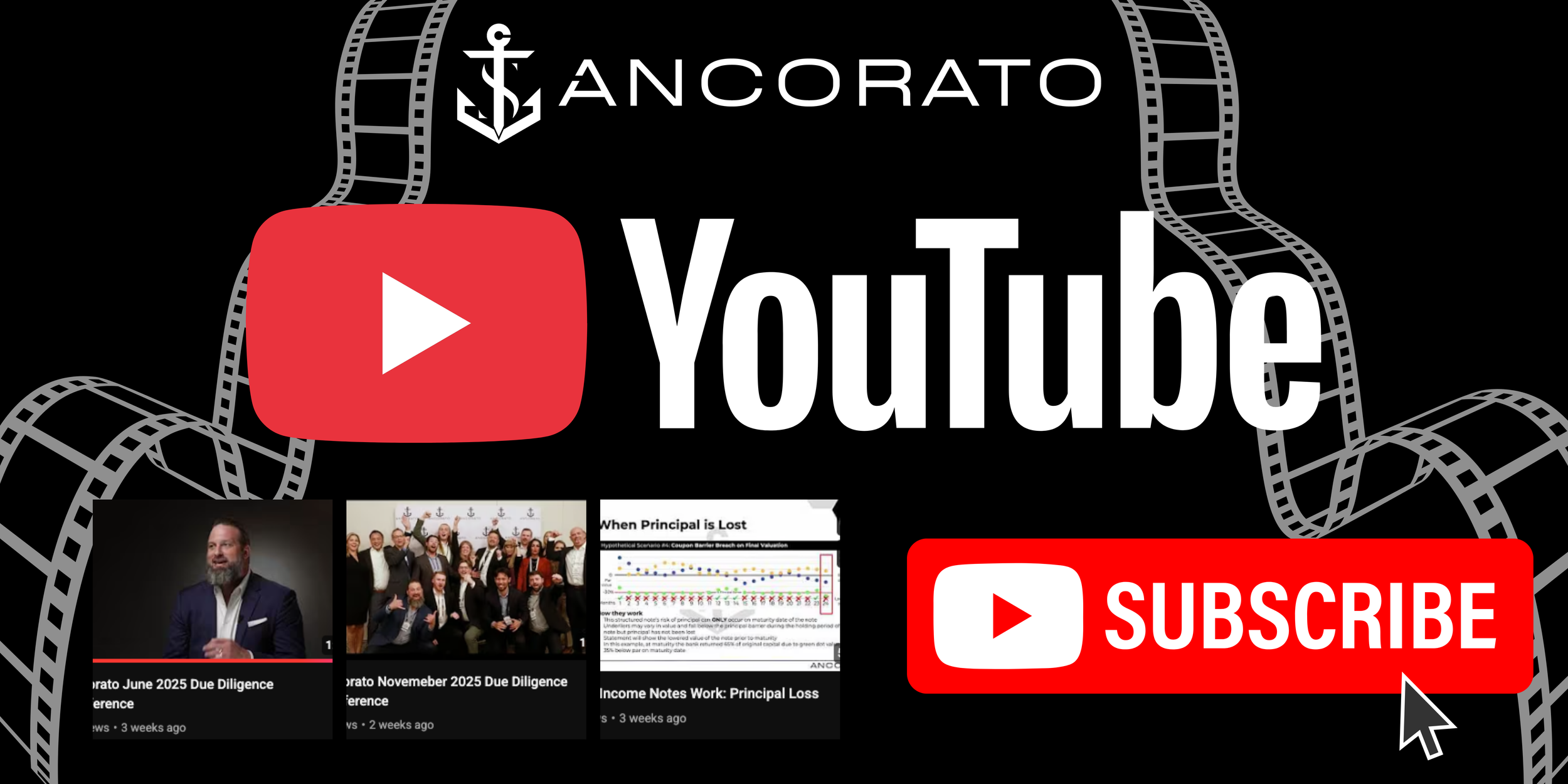 A digital graphic featuring the YouTube logo with a black background and film strip design. It shows thumbnails of three videos, including a man speaking, a group of people celebrating, and a presentation slide about principal loss. There is a red subscribe button with a cursor icon.