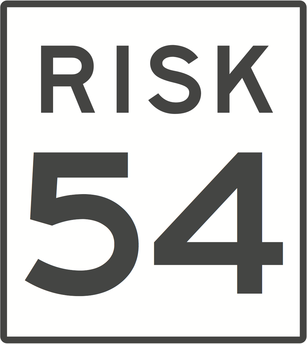 A highway route sign indicating risk or caution for route 54.