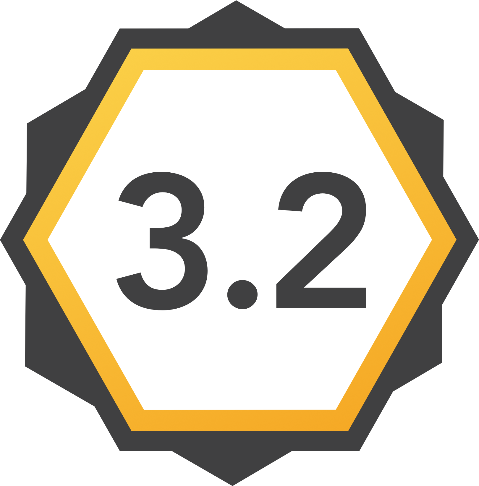 A circular badge with a hexagon outline, featuring the number 3.2 in black text on a white background, surrounded by a yellow and gray border.